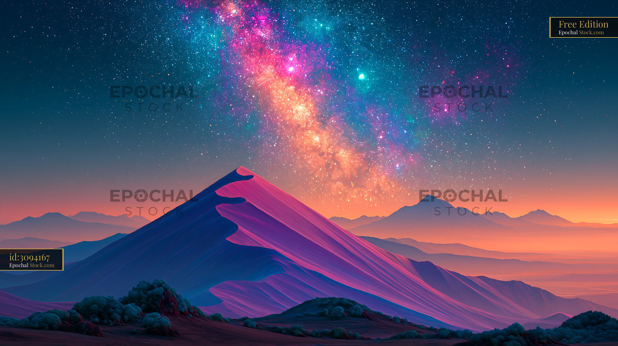 Vibrant Milky Way over a purple sand dune in the Chilean desert - stock photo