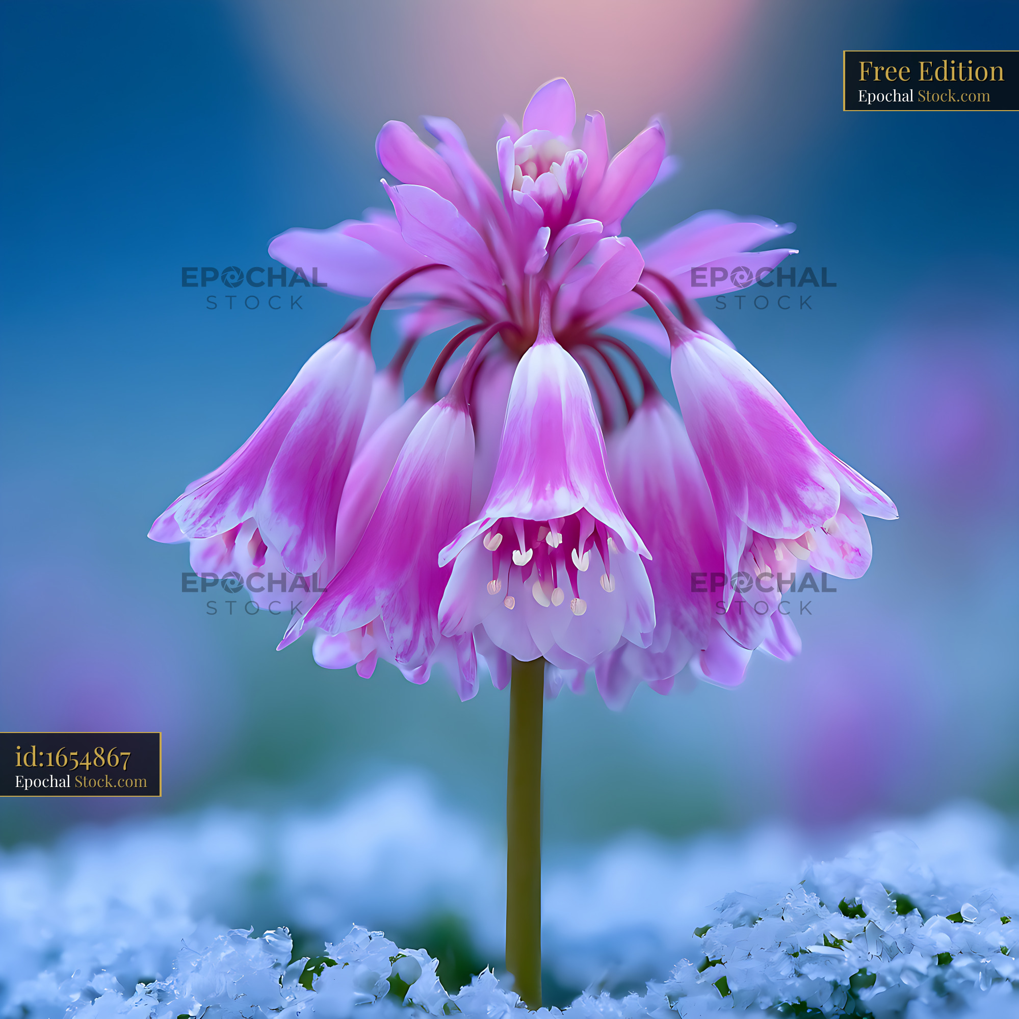 Pink alpine snowbell soldanella flower blooming through fresh snow - stock photo