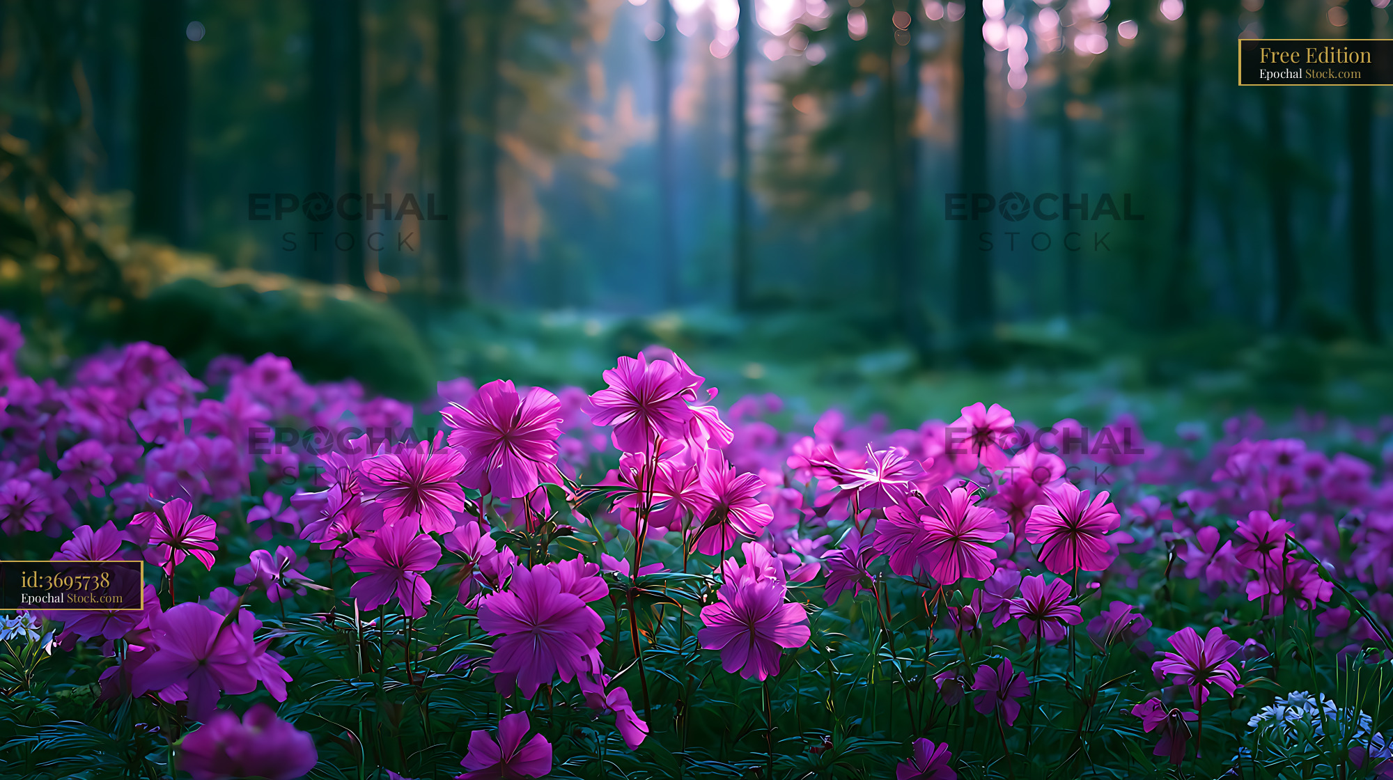 Pink wildflowers blooming in a sunlit Siberian taiga clearing - stock photo