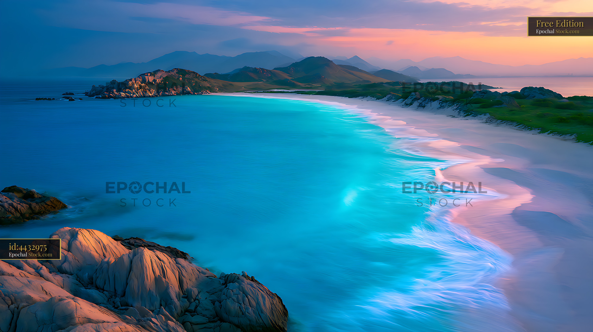 Panoramic view of Rendezvous Bay with turquoise water and peach sky - stock photo