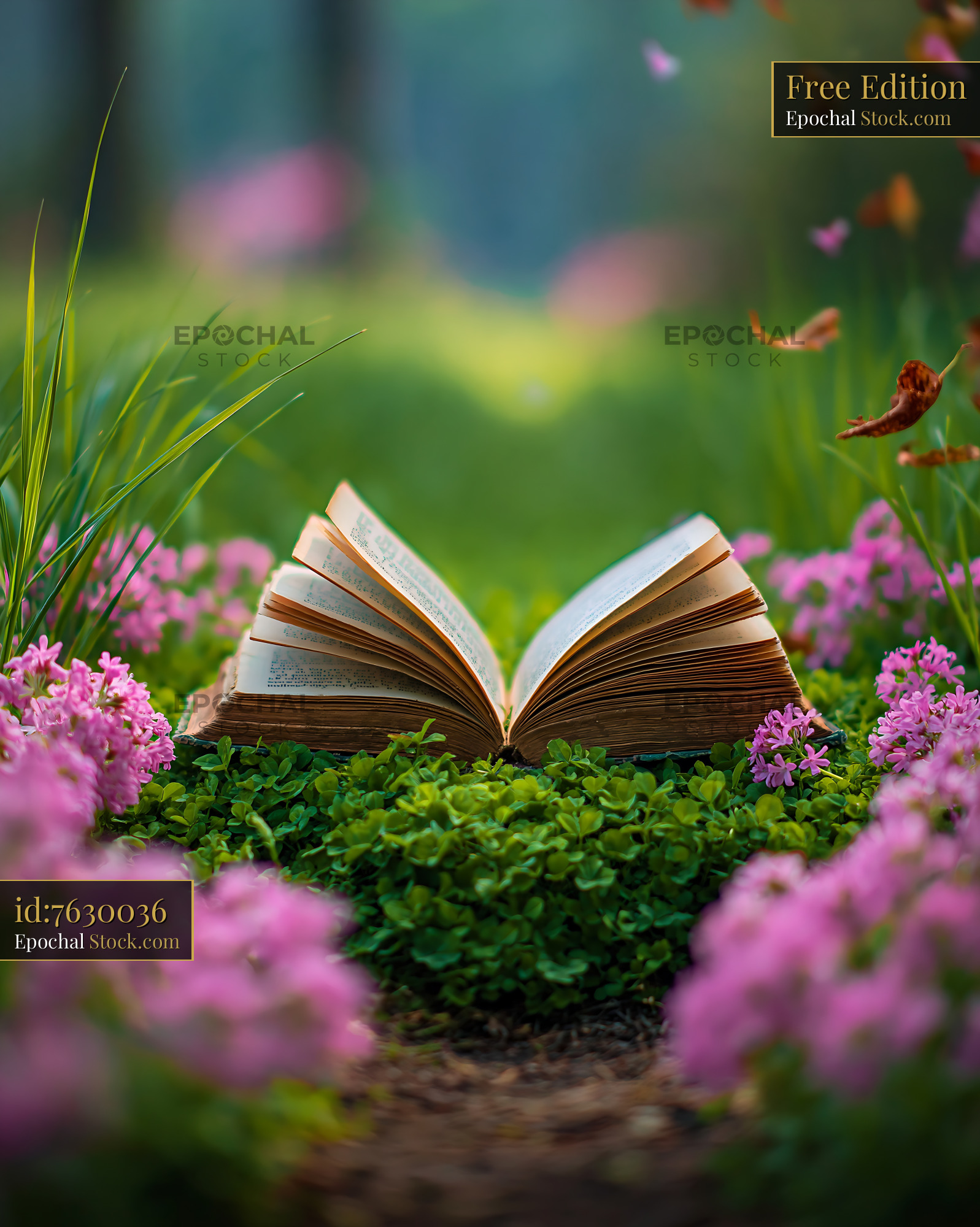 Open vintage book lying in a lush meadow with pink flowers