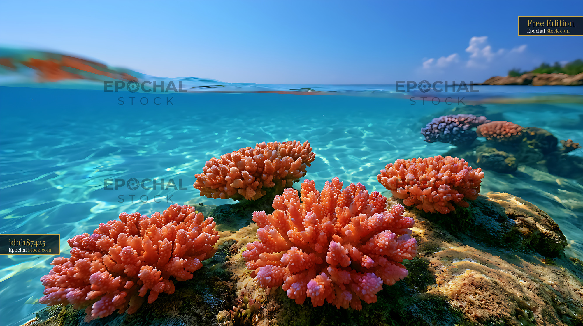 Vibrant pink coral reef visible in shallow tropical water split view