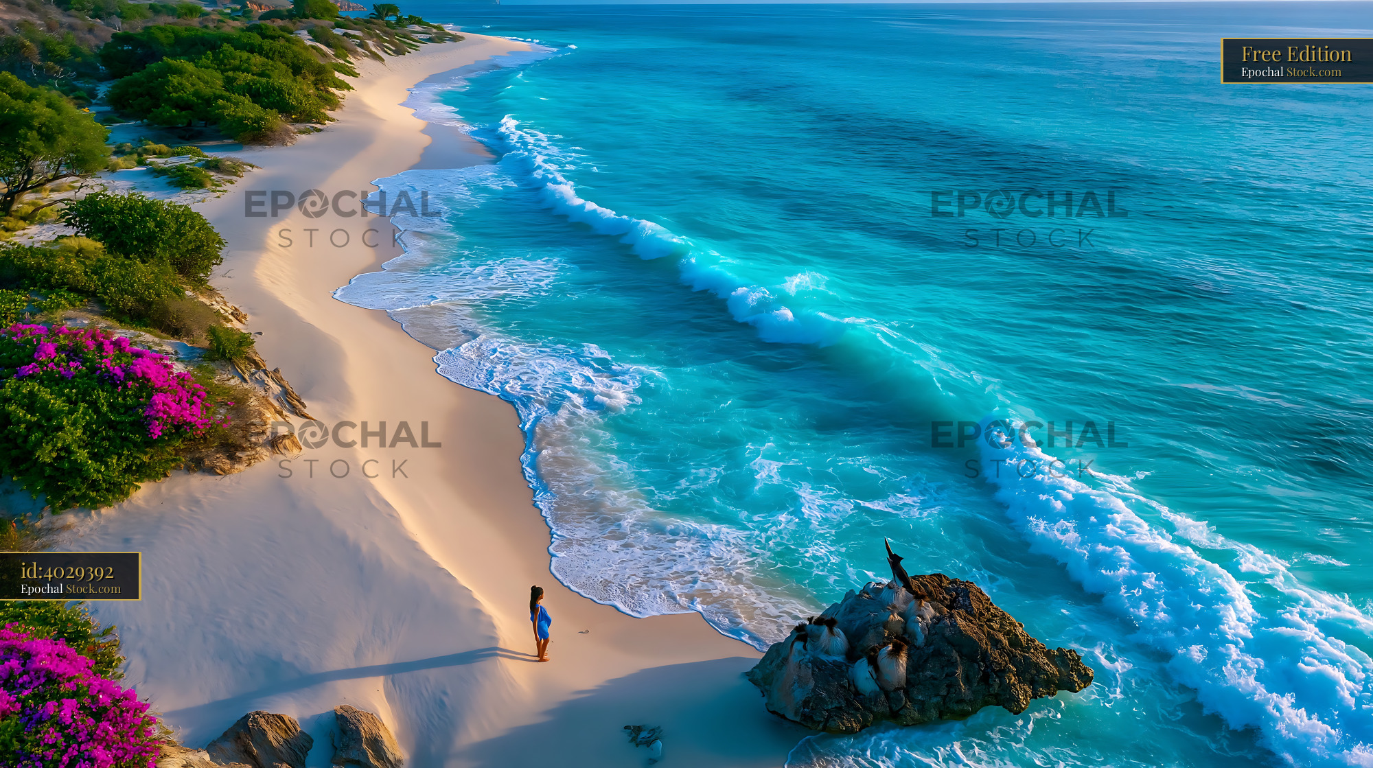 Aerial view of a woman on a white sand beach with turquoise waves