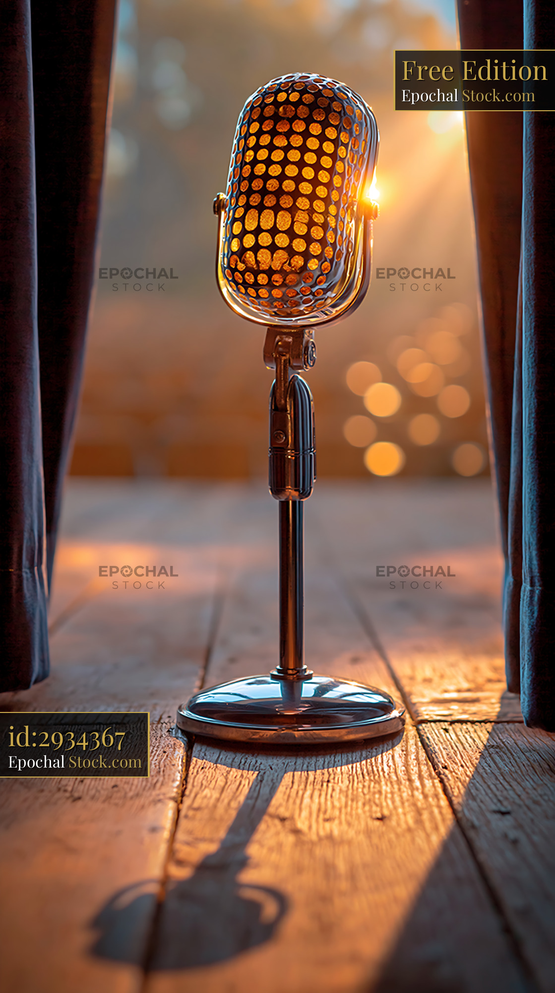 Vintage microphone on a wooden theater stage with golden lighting