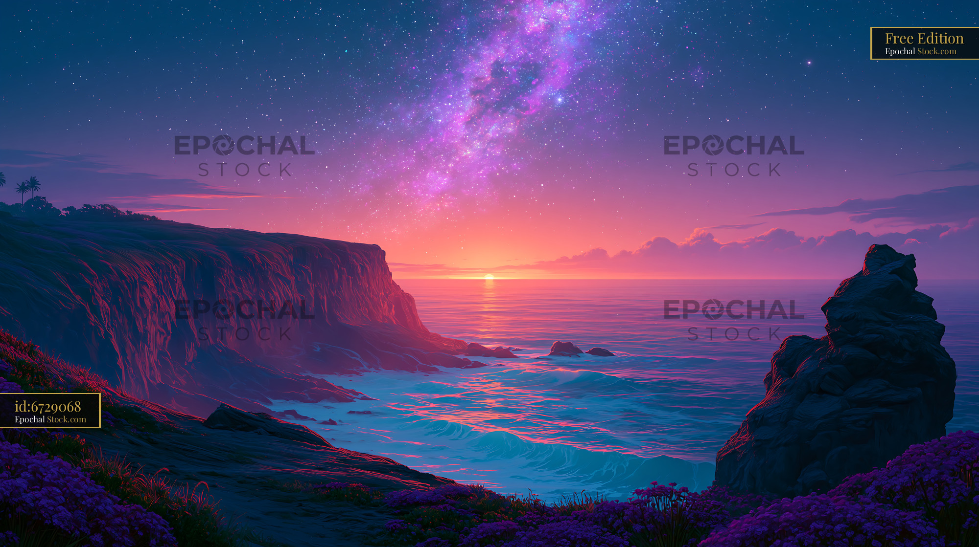 Milky Way over coastal cliffs and ocean at purple sunset - stock photo