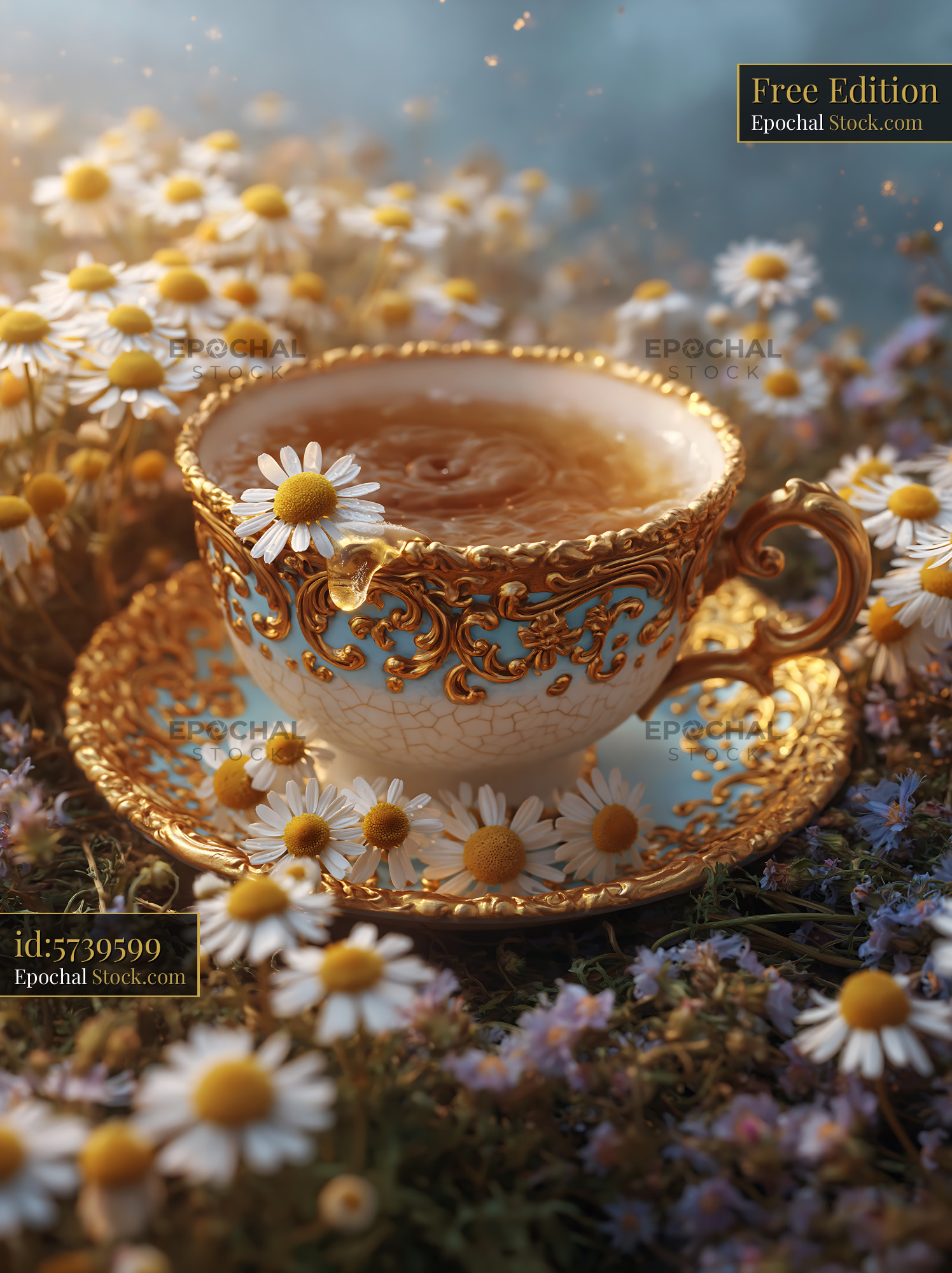 Ornate vintage tea cup in a blooming chamomile flower meadow