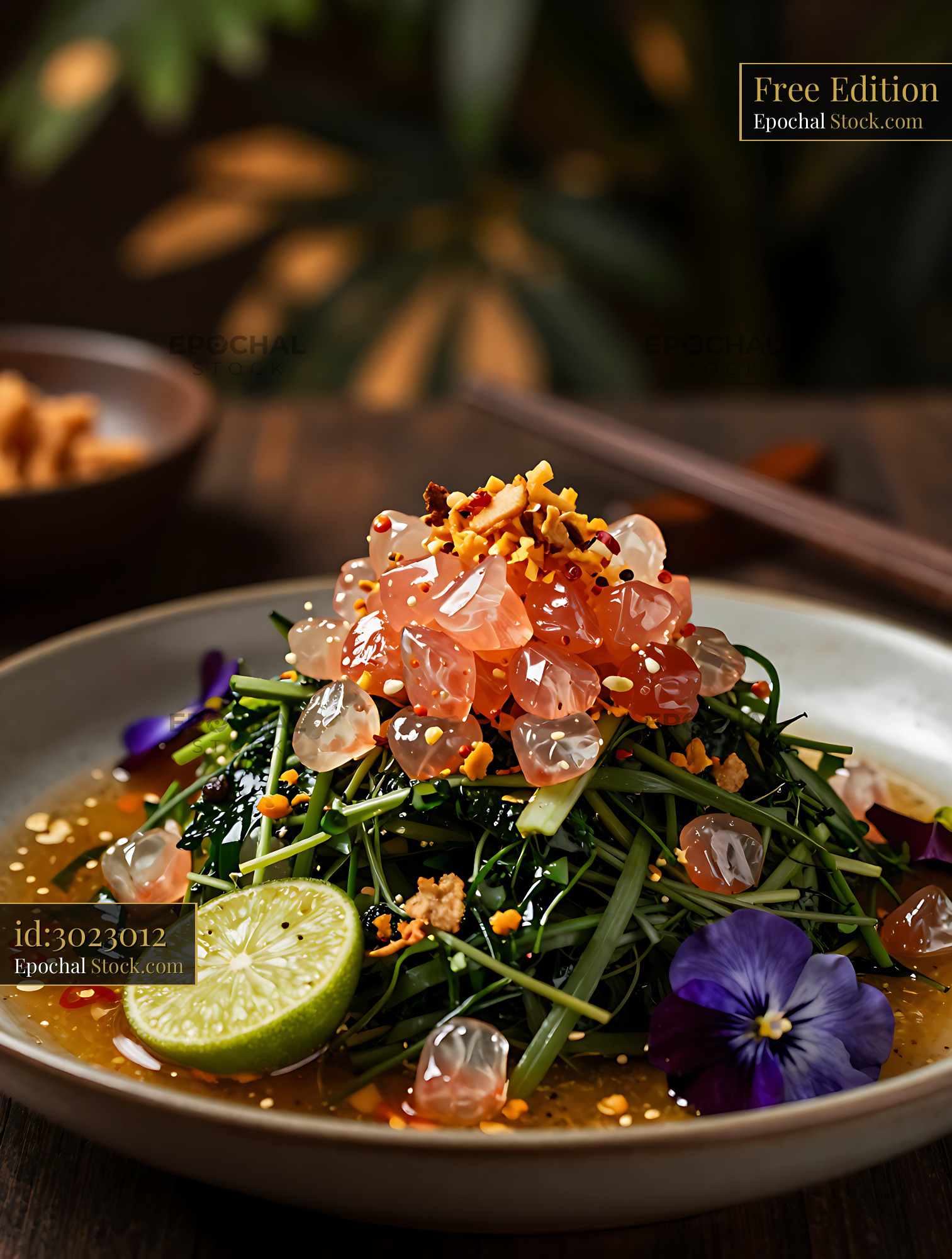 Gourmet Thai Yam Som O Pomelo salad with lime and edible flowers - stock photo