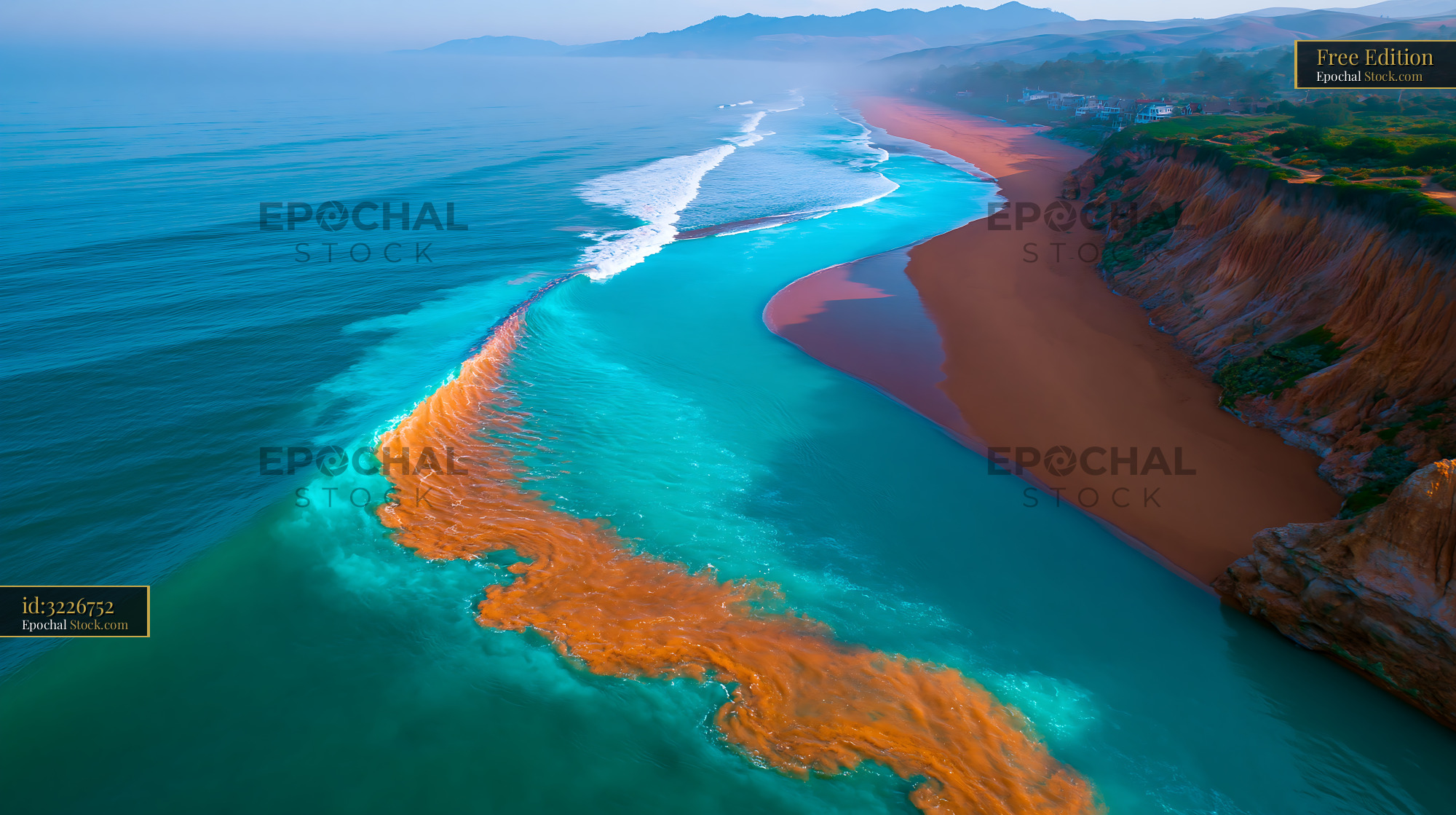Vibrant river mouth aerial view with orange sediment and turquoise sea - stock photo