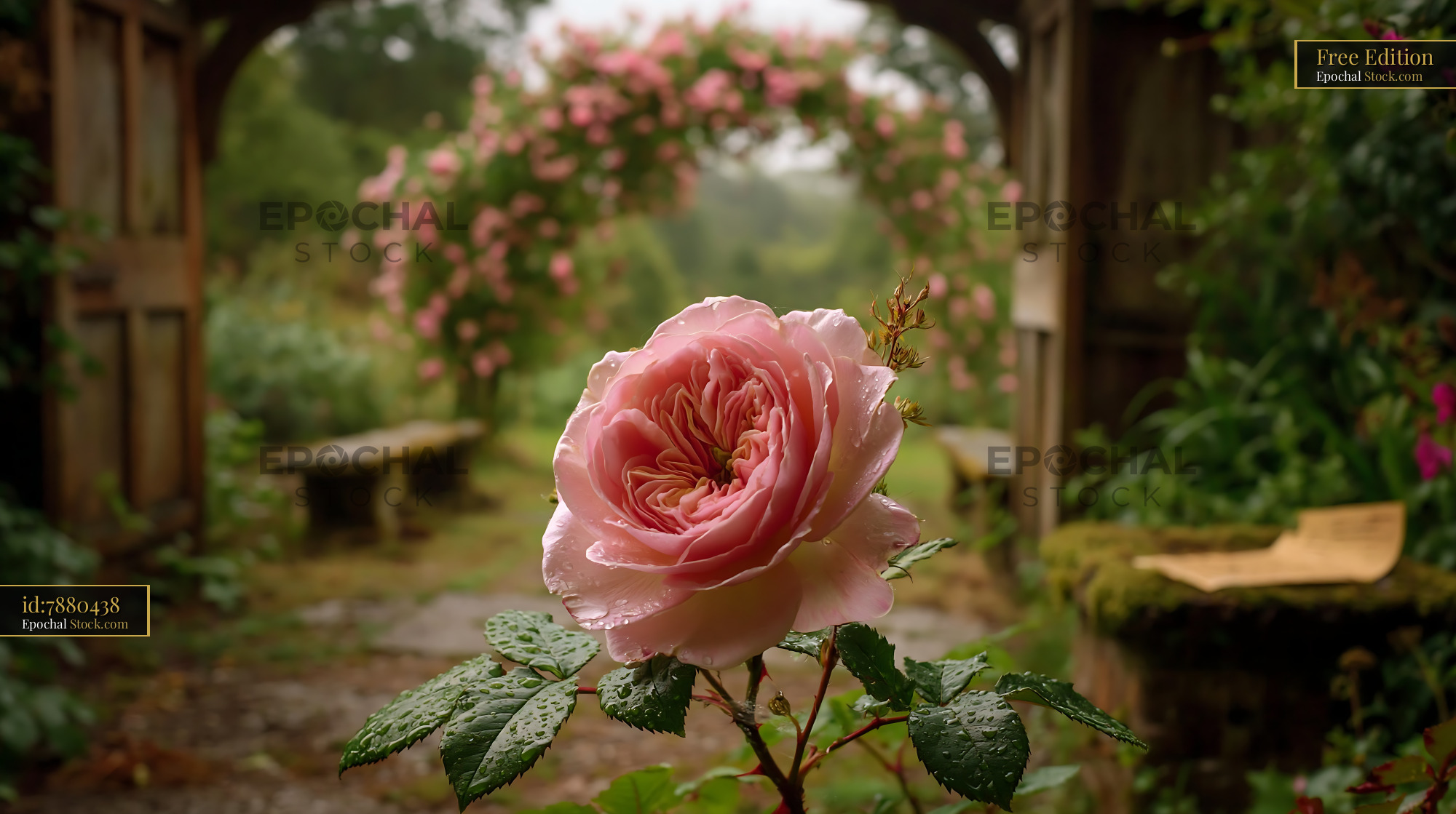 Pink english rose in full bloom within a romantic cottage garden - stock photo