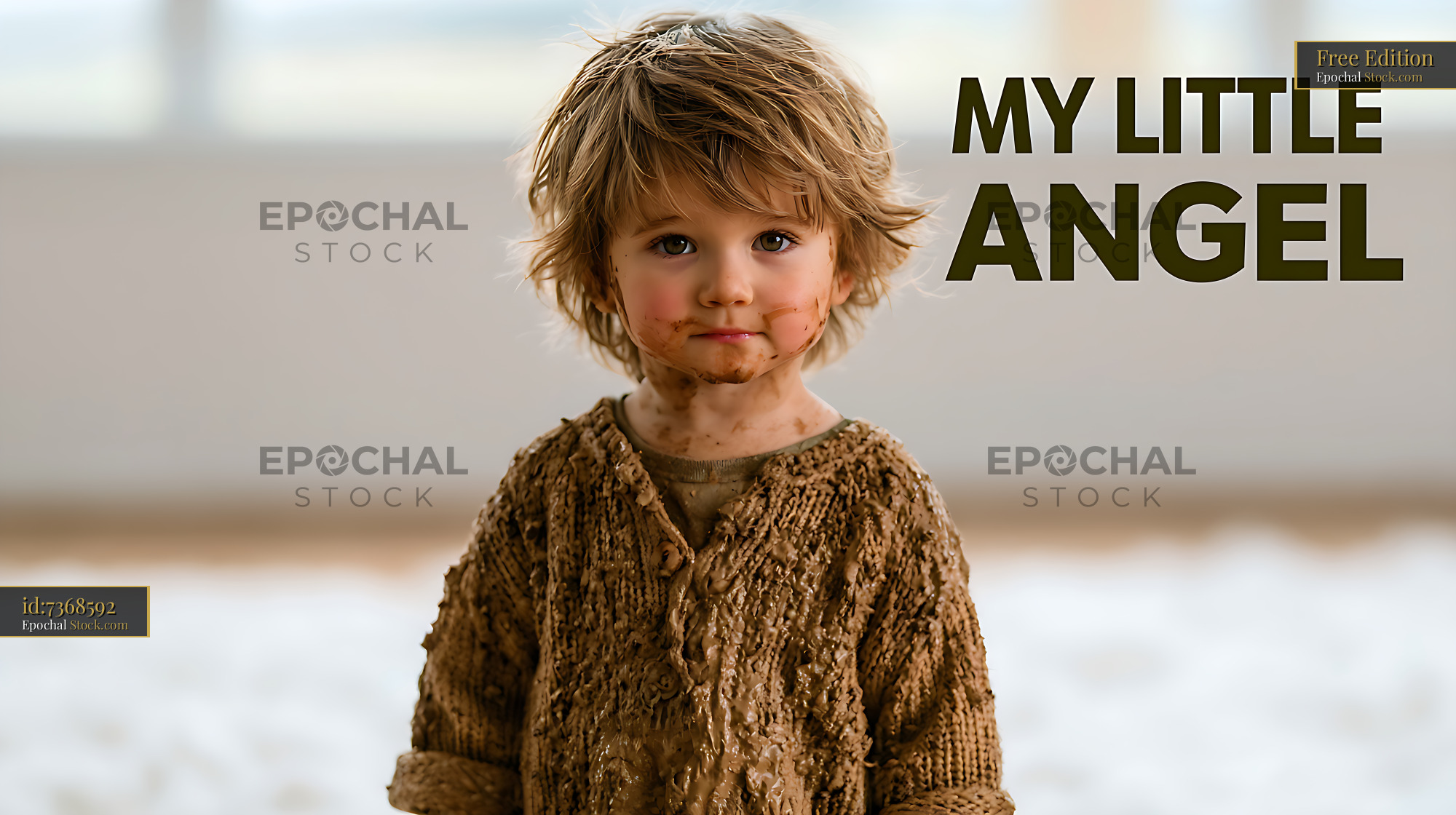 Muddy young boy standing on white carpet with messy face and clothes - stock photo