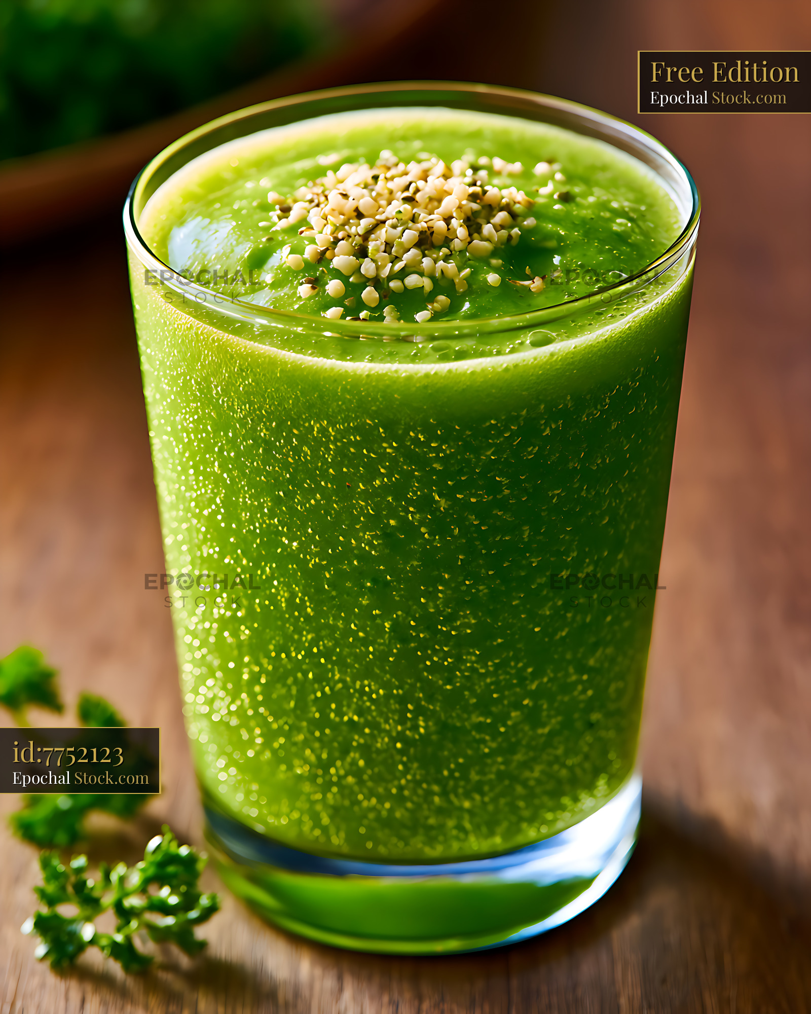 Fresh hemp milk green smoothie with seeds on a wooden table - stock photo