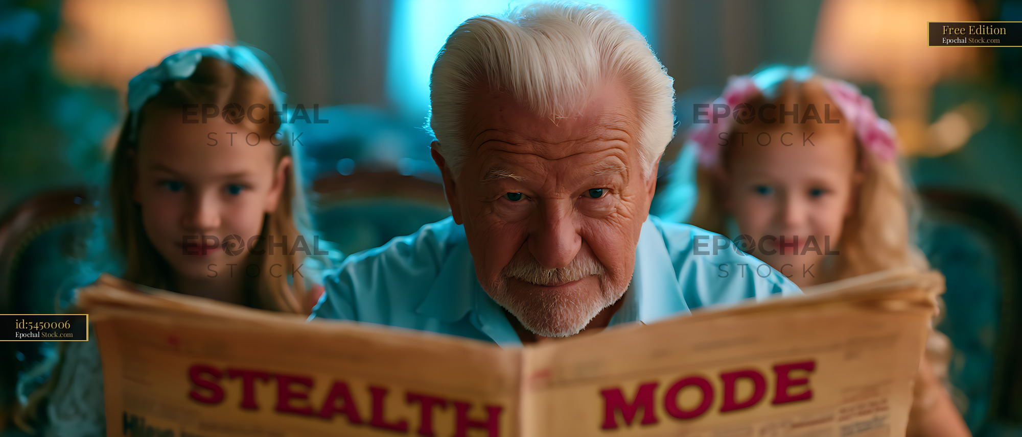 Senior man with white hair peeking over newspaper with granddaughters - stock photo
