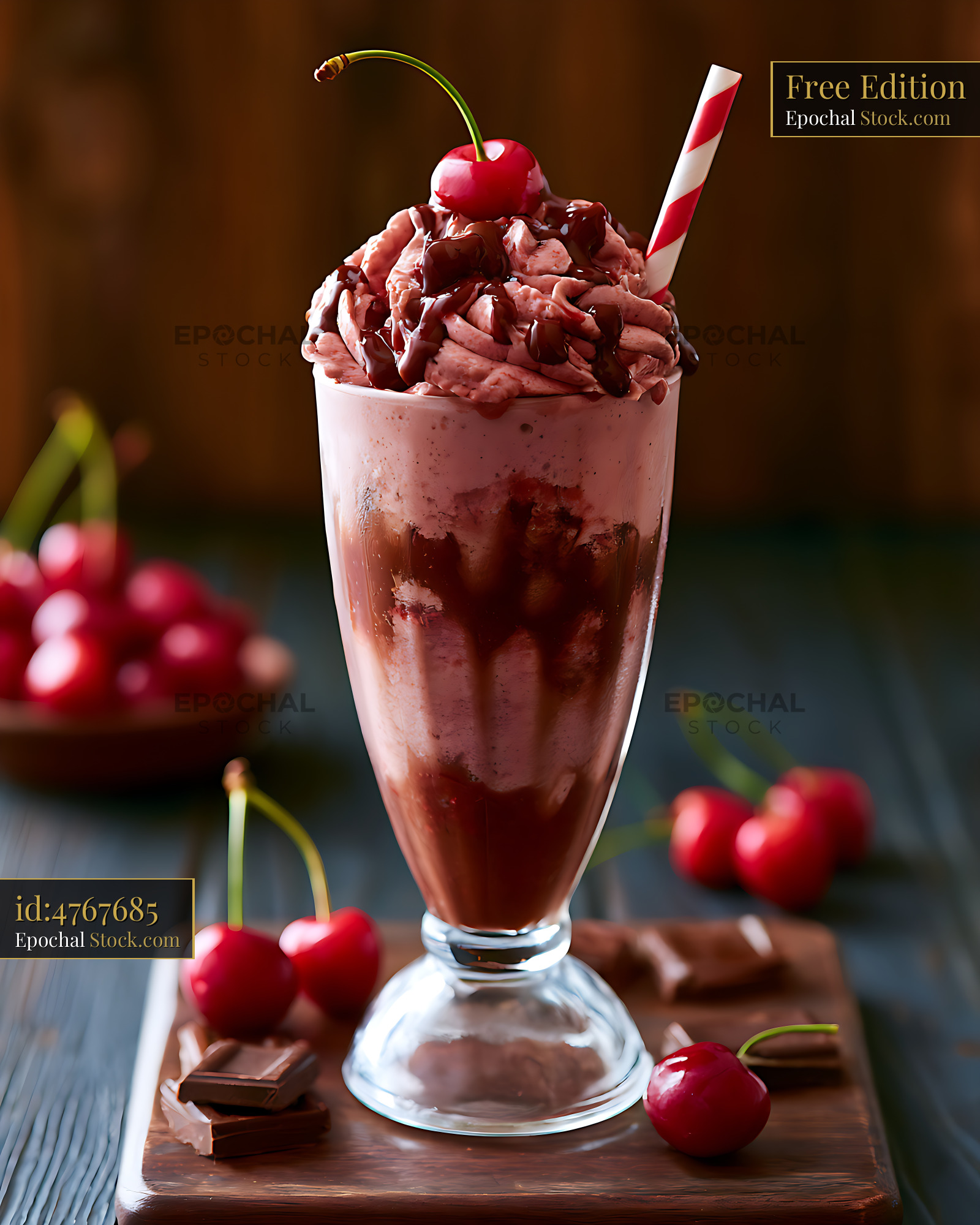 Black forest cherry milkshake with whipped cream and chocolate sauce - stock photo