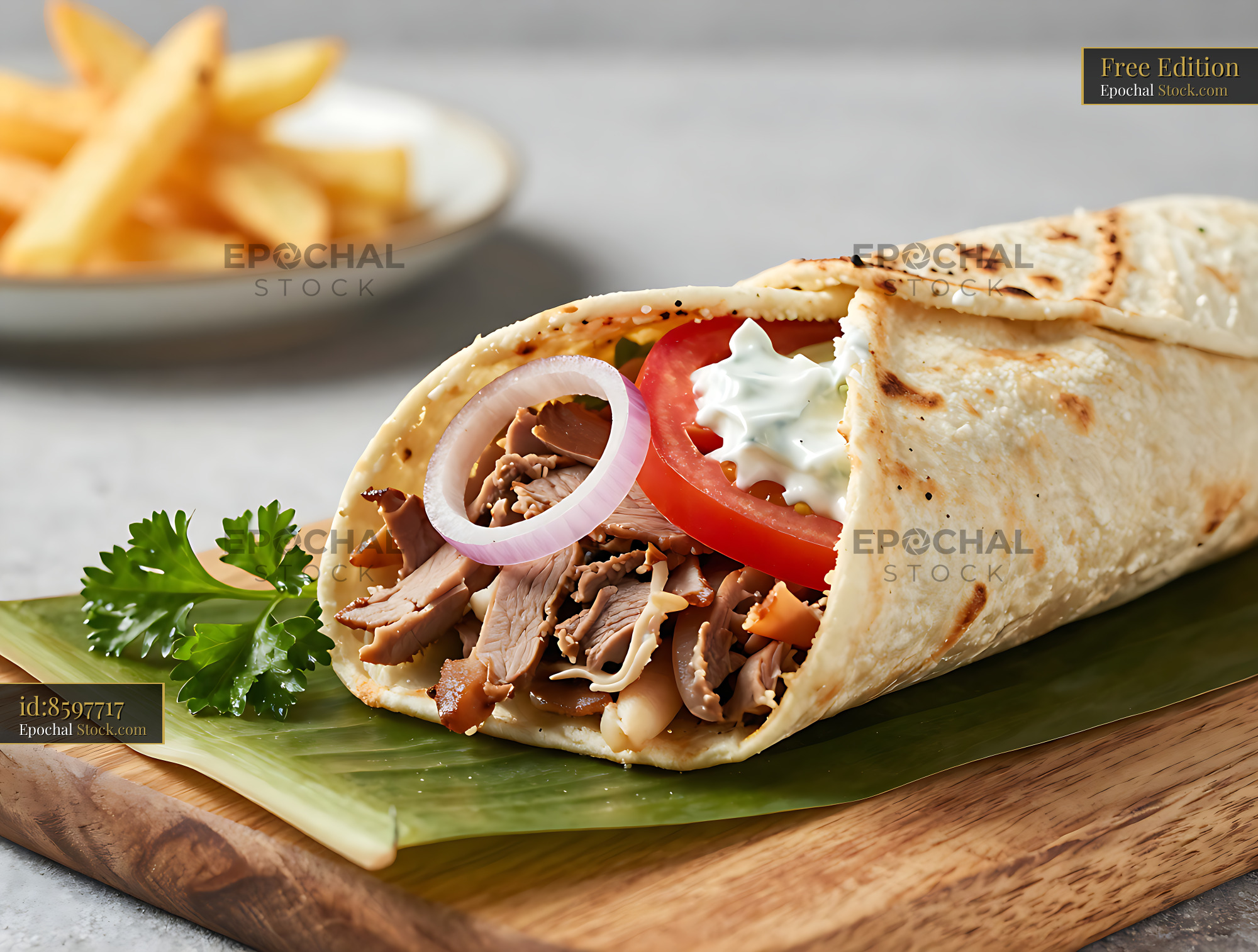 Greek gyros pita roll with grilled meat and tzatziki on wooden board - stock photo