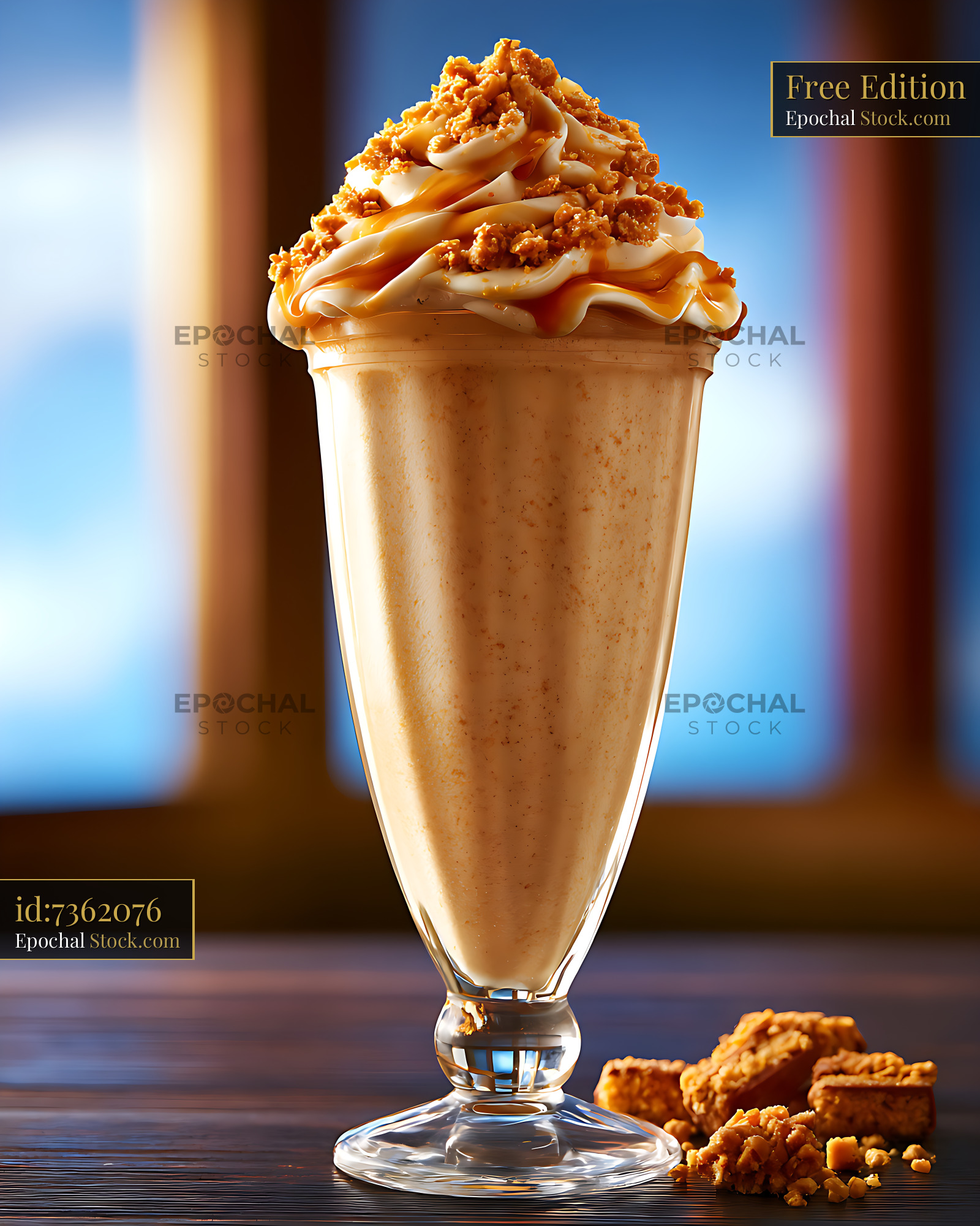 Creamy peanut butter candy milkshake with whipped cream and caramel - stock photo