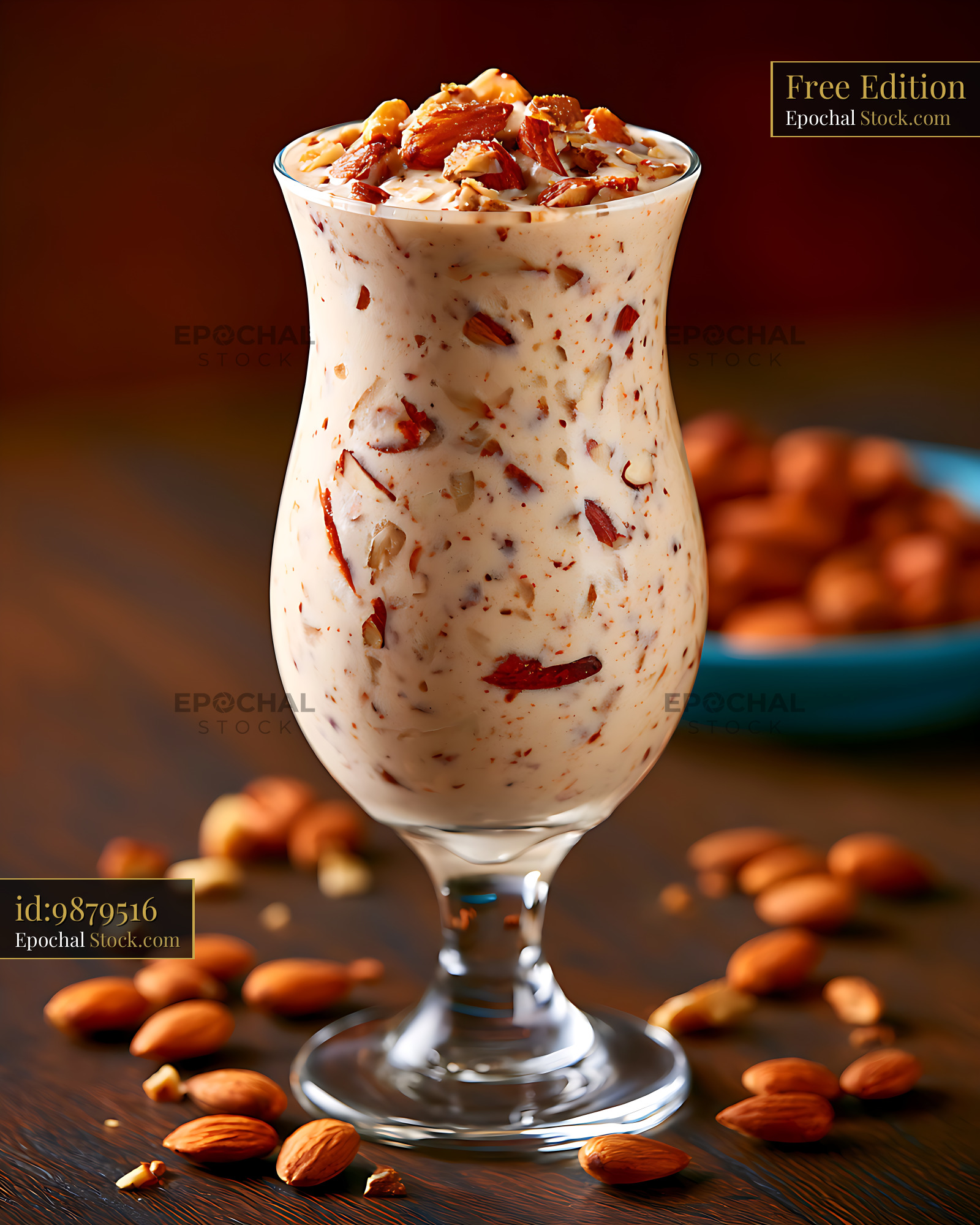 Roasted almond milkshake in a glass topped with chopped nuts - stock photo