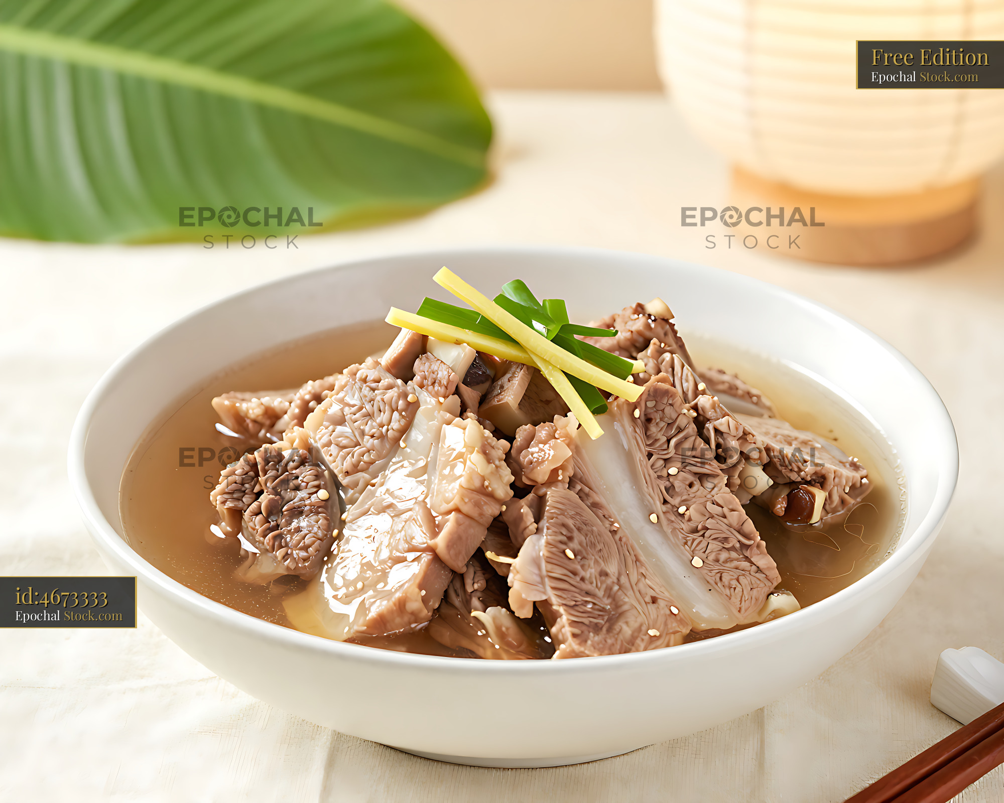 Okinawa Soki soup with tender pork ribs and fresh ginger - stock photo