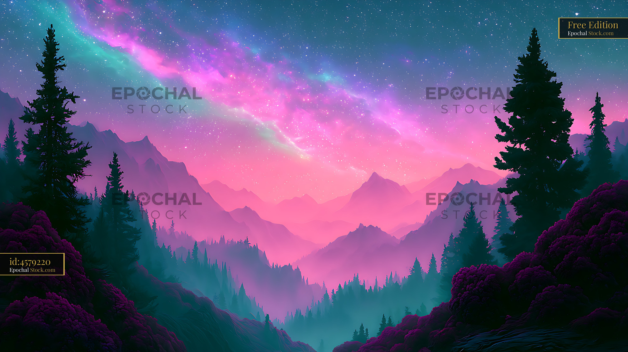 Galactic core alpine shrub blaze over silhouetted mountain range - stock photo
