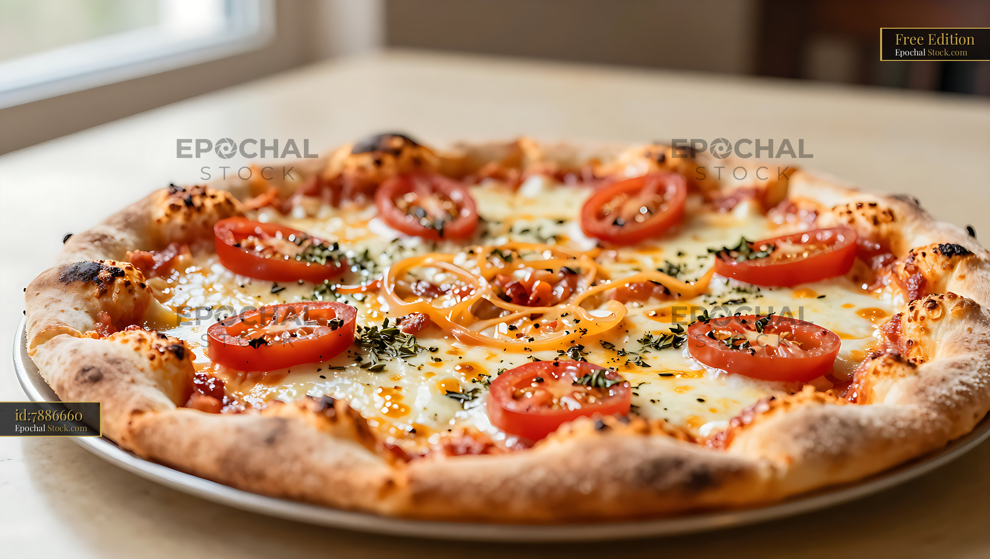 Freshly baked Trenton tomato pie with sliced tomatoes and herbs - stock photo