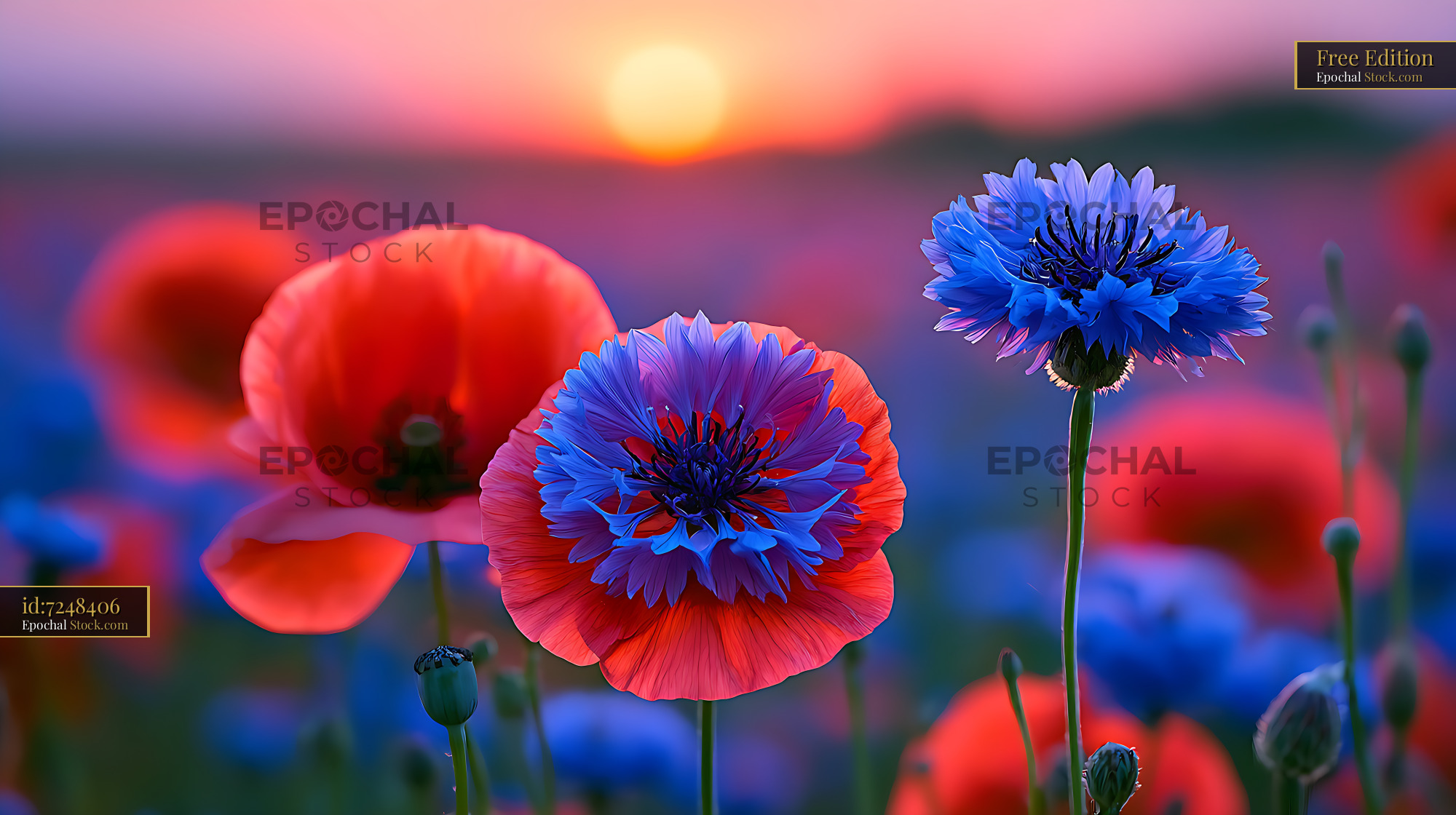 Cornflower poppy summer field at sunset with surreal hybrid flower - stock photo