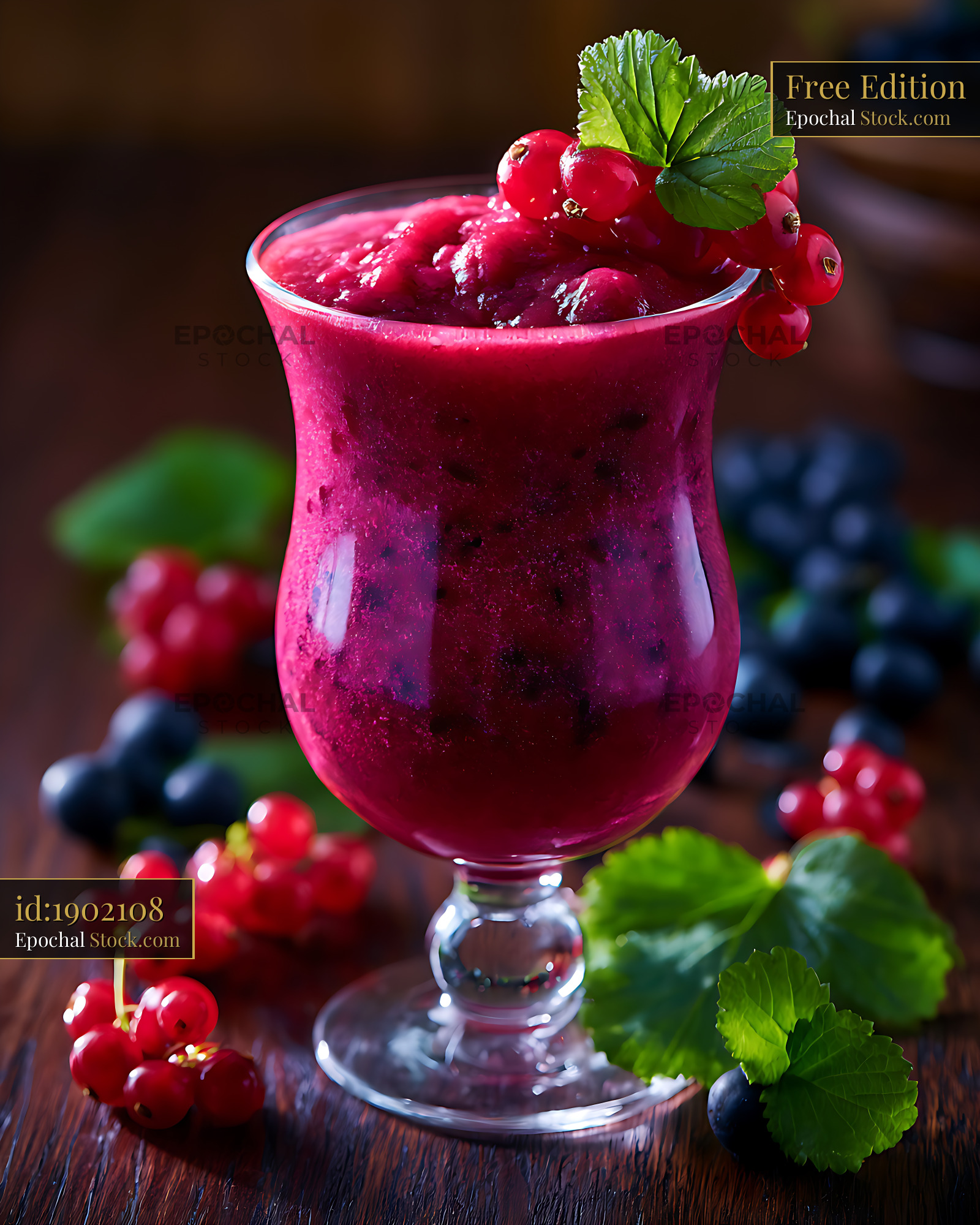 Refreshing black currant smoothie in a glass garnished with berries - stock photo