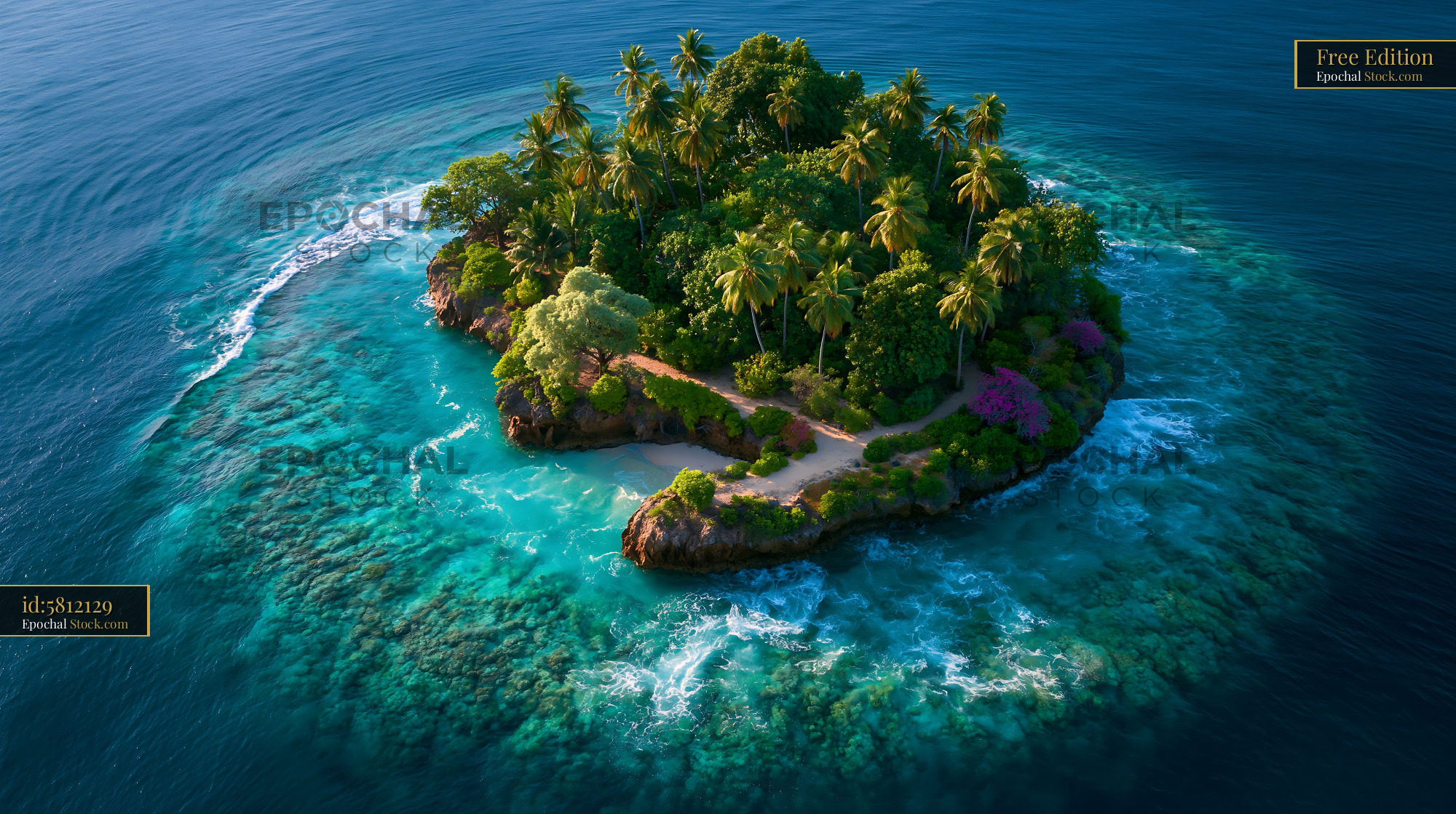 Aerial view of a small tropical island with palm trees and coral reef - stock photo
