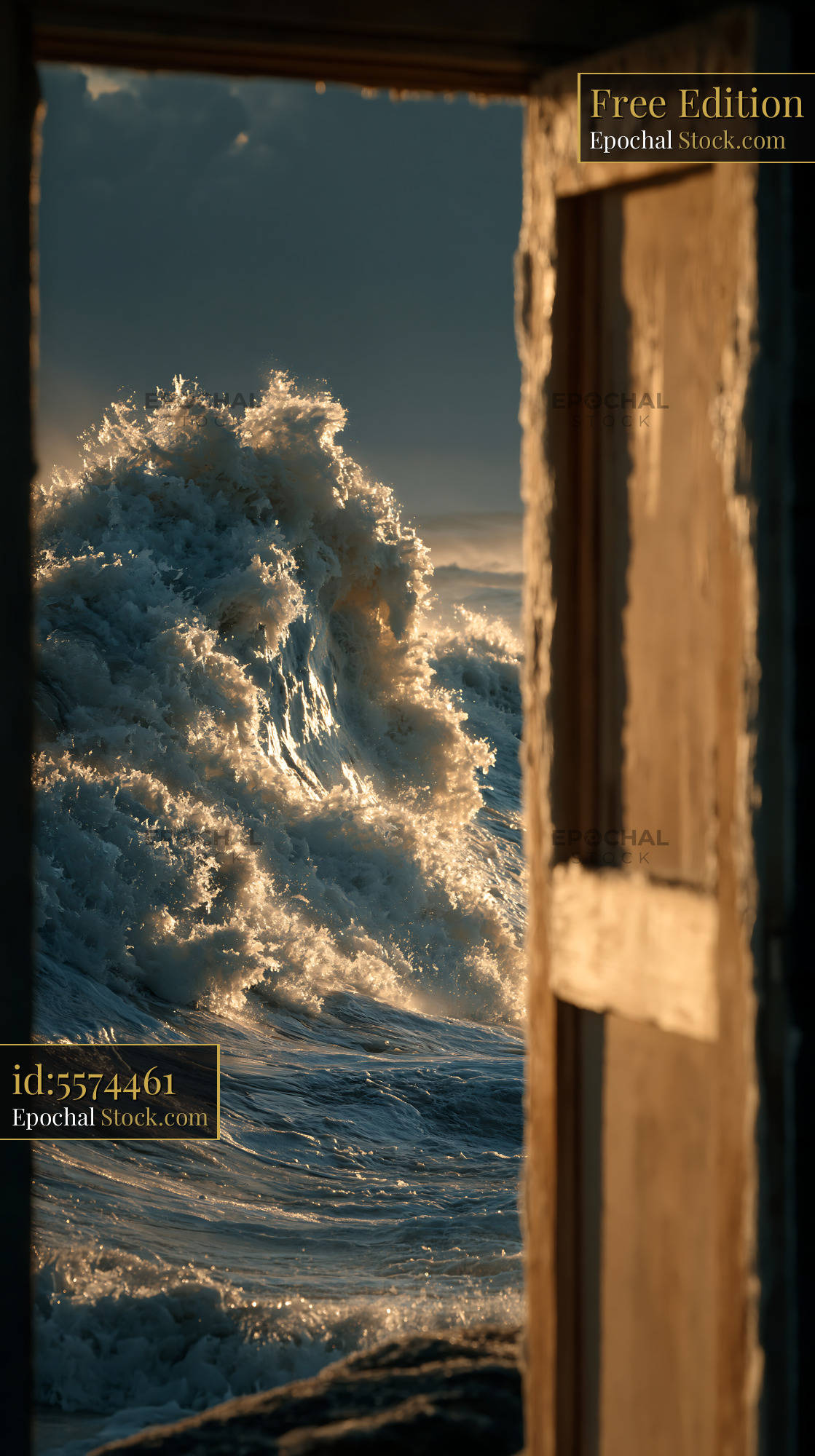 Crashing ocean wave at sunset seen through an open wooden door - stock photo