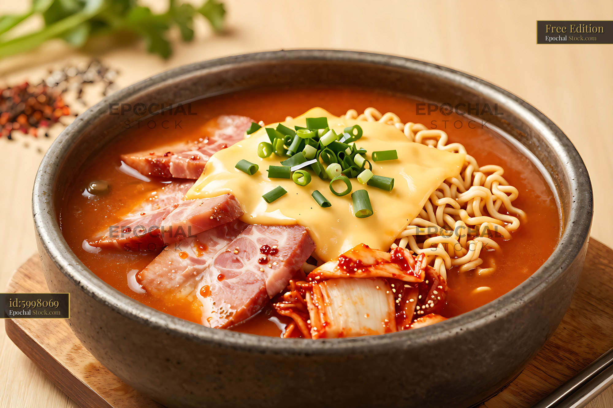 Korean Budae Jjigae with ham and melted cheese in a ceramic bowl - stock photo