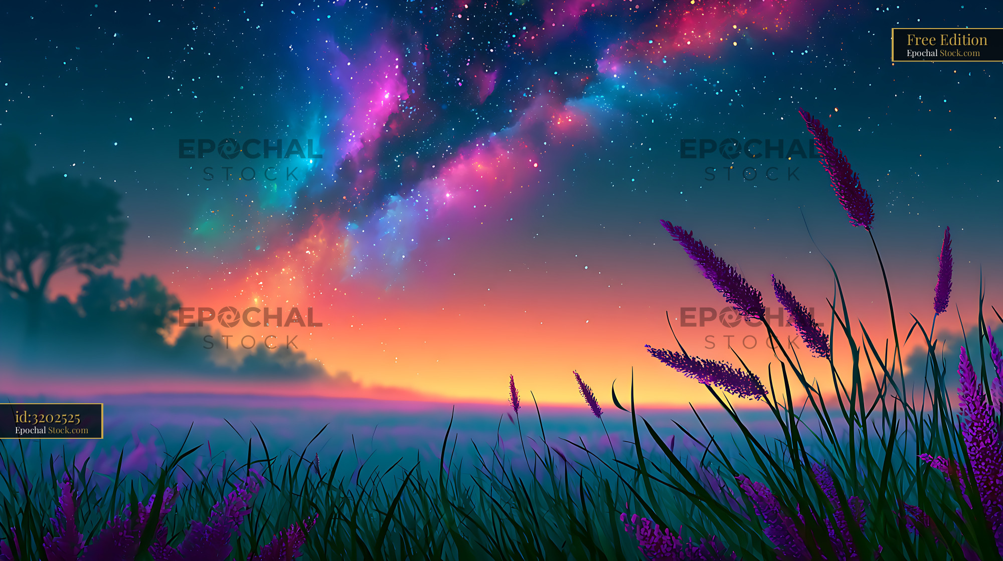 Vibrant milky way galaxy over a purple meadow at sunset with grass - stock photo