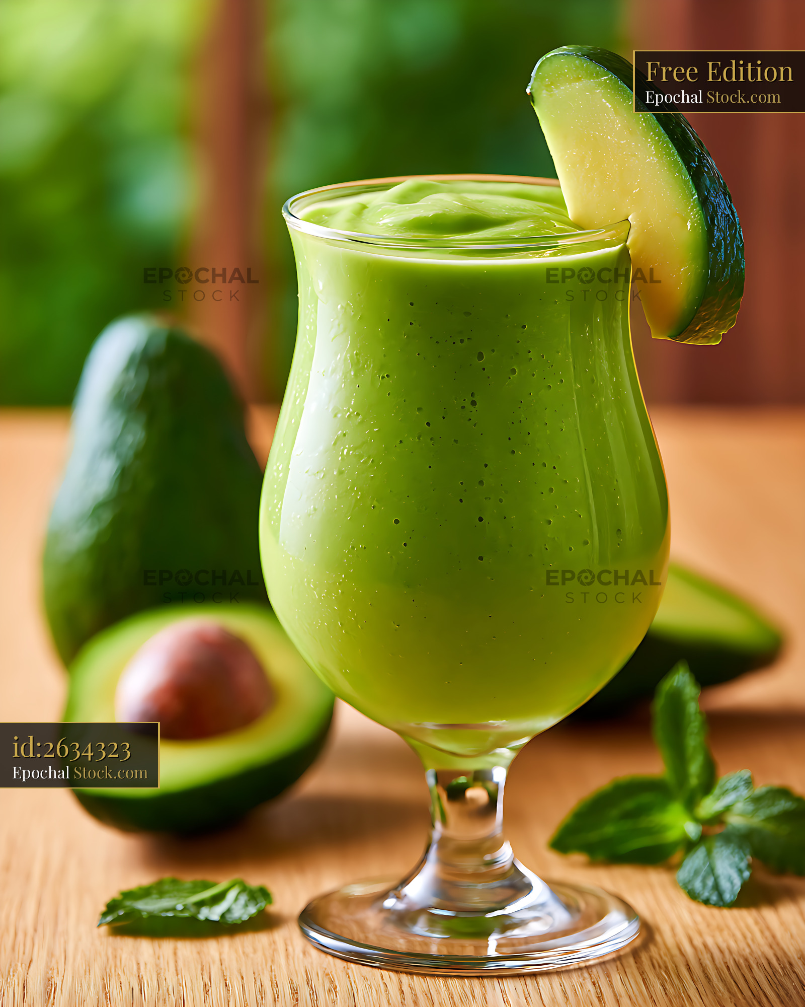 Fresh avocado green smoothie in a glass on a wooden table - stock photo