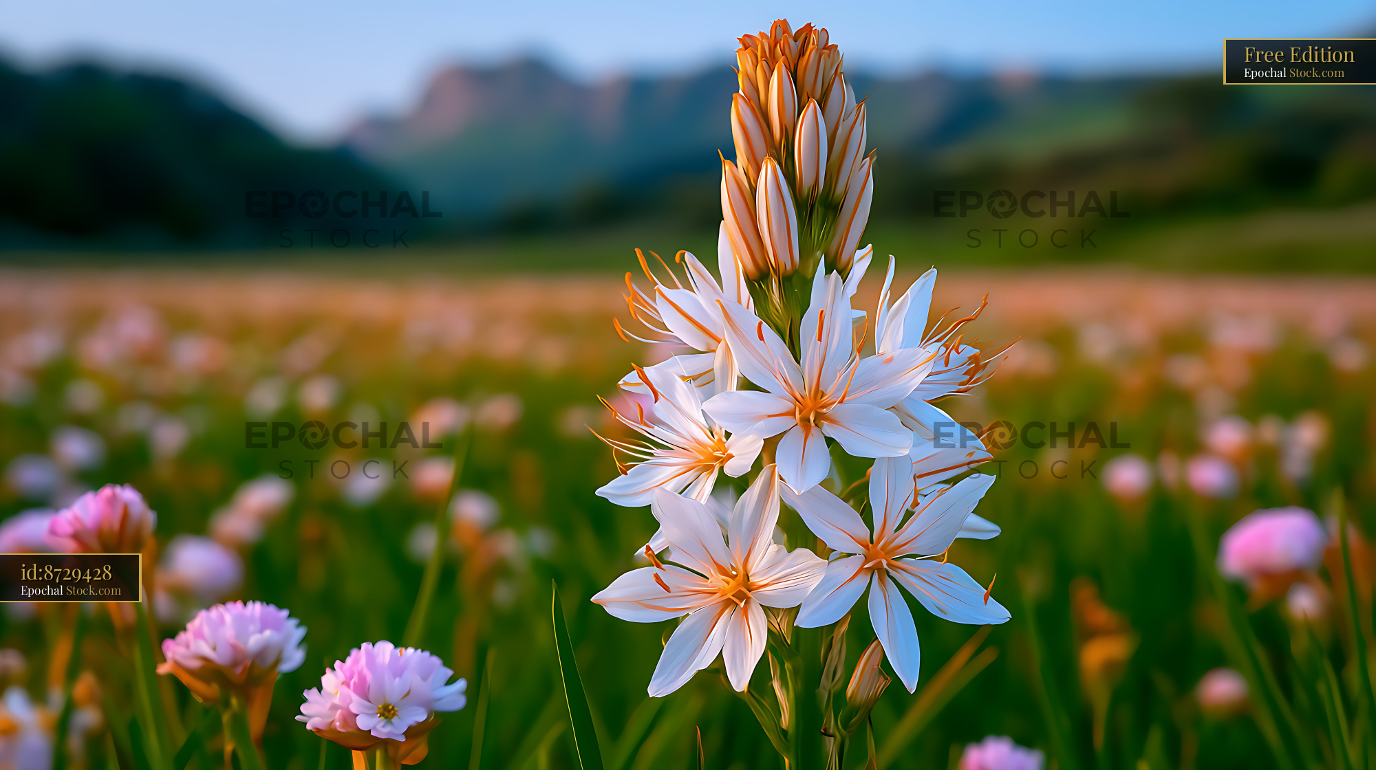 White asphodel flower blooming in a wild field in Sicily at sunset - stock photo