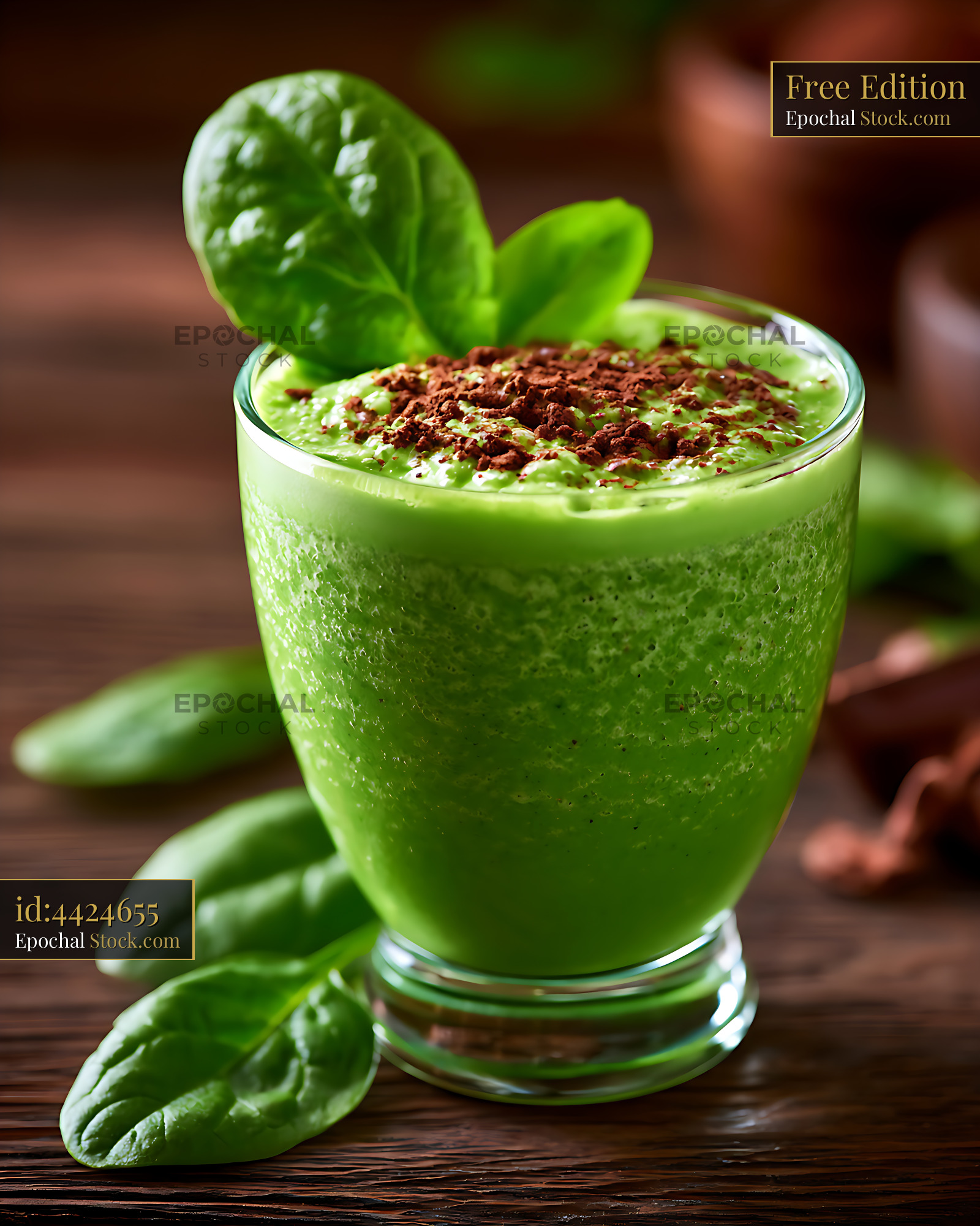Magnesium rich smoothie with fresh spinach and cocoa on rustic wood - stock photo
