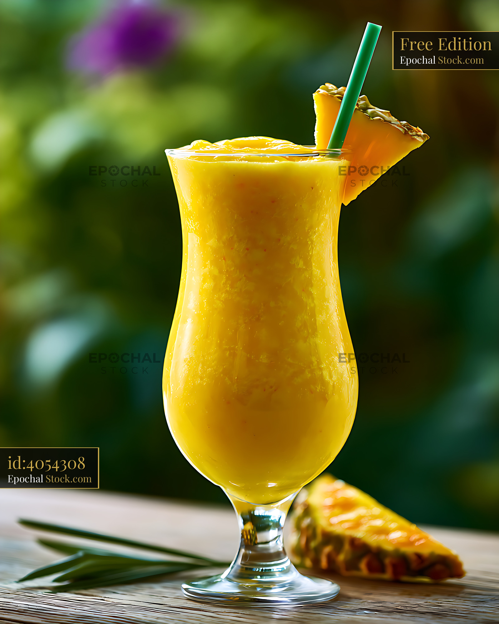 Tropical jackfruit smoothie garnished with pineapple in a sunny garden - stock photo