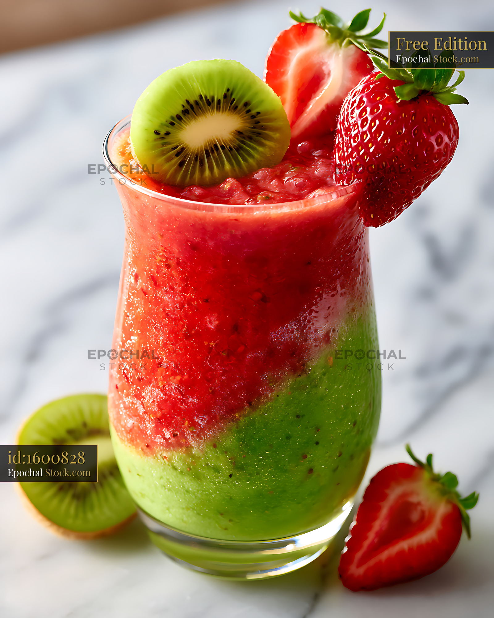 Fresh strawberry kiwi smoothie with fruit garnish on marble surface - stock photo