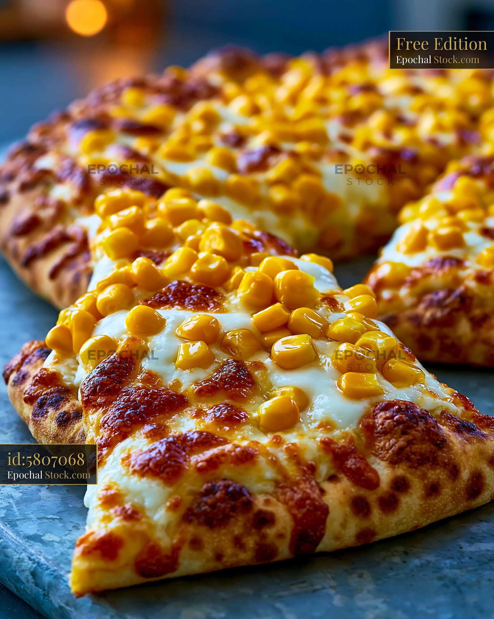 Close up of a panna mais pizza with golden corn and creamy sauce - stock photo