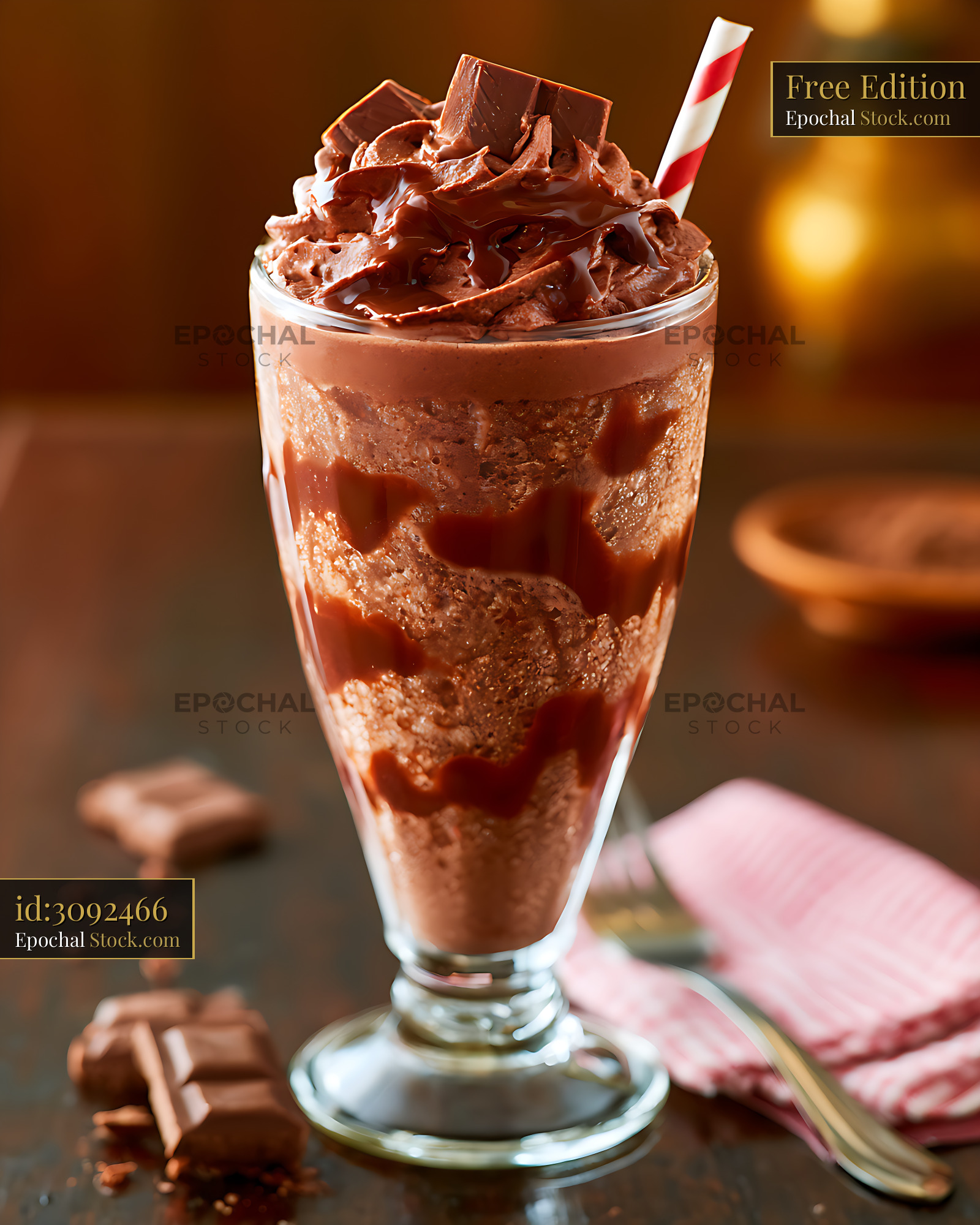 Triple chocolate milkshake with whipped cream and syrup in a glass - stock photo