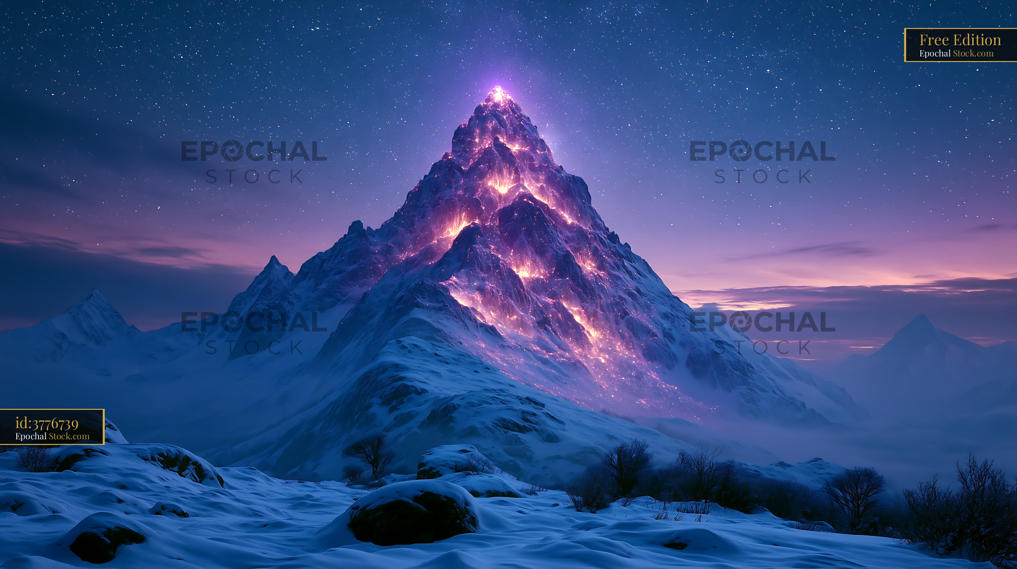 Snow covered Triglav mountain peak glowing with purple light at night - stock photo