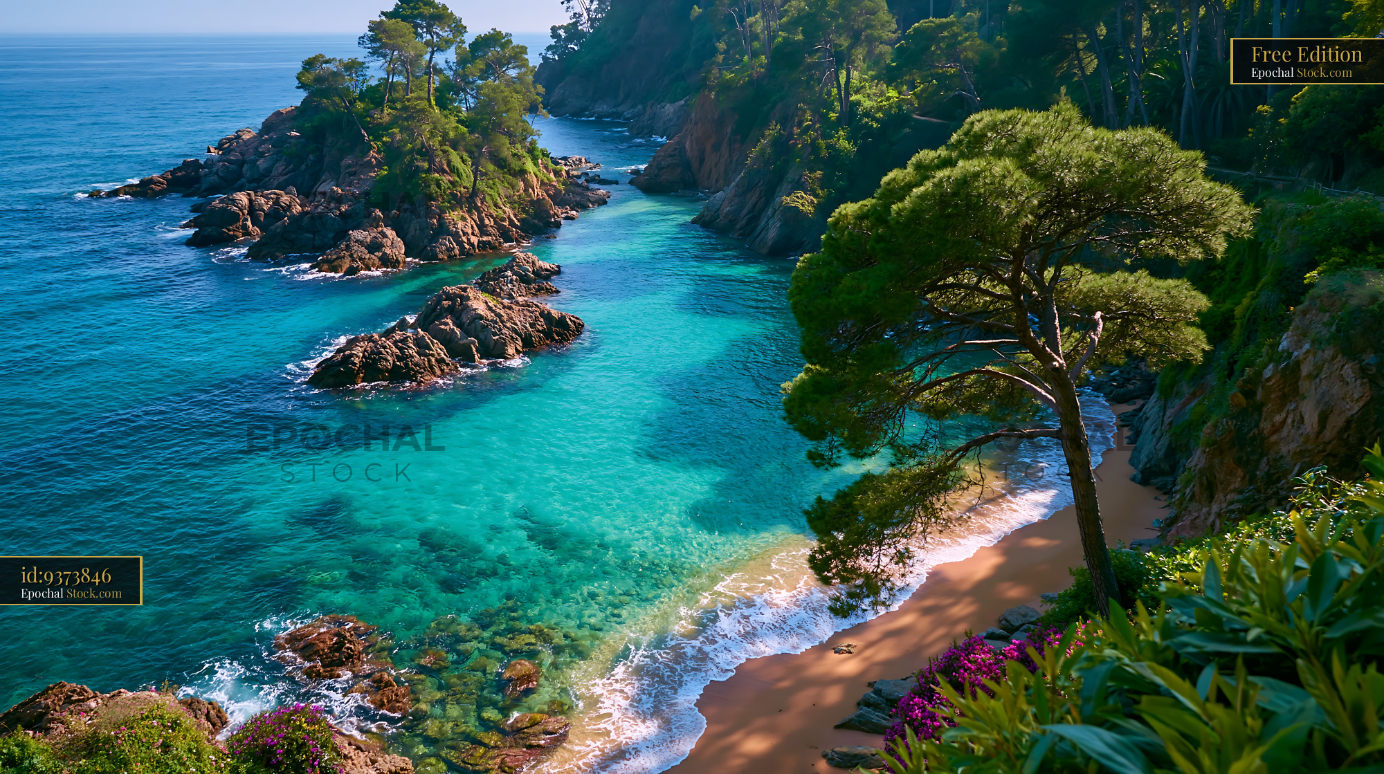 Aerial view of a secluded turquoise cove on the Costa Brava coast - stock photo
