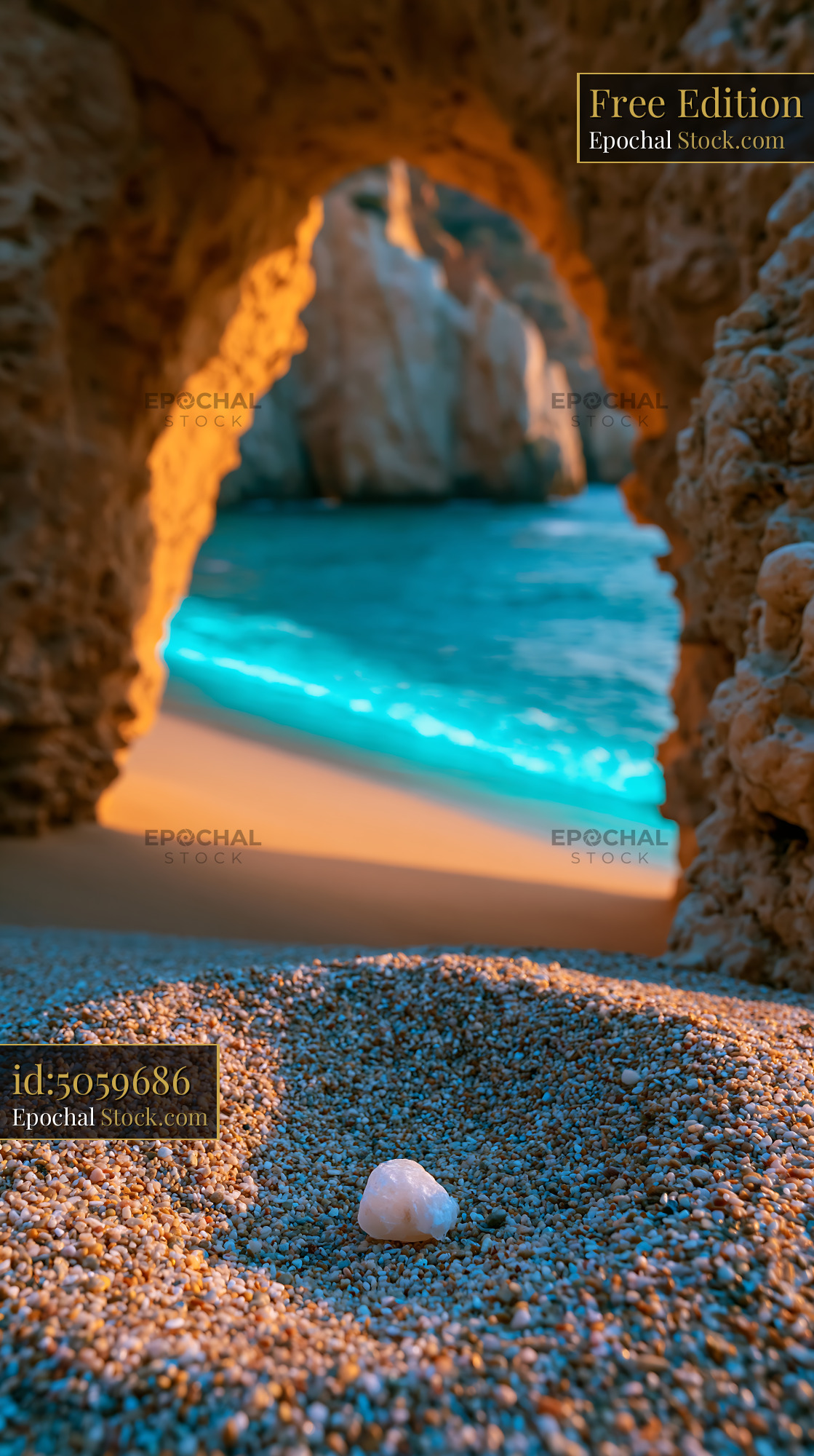 White pebble on sand framed by a limestone arch at a hidden beach - stock photo