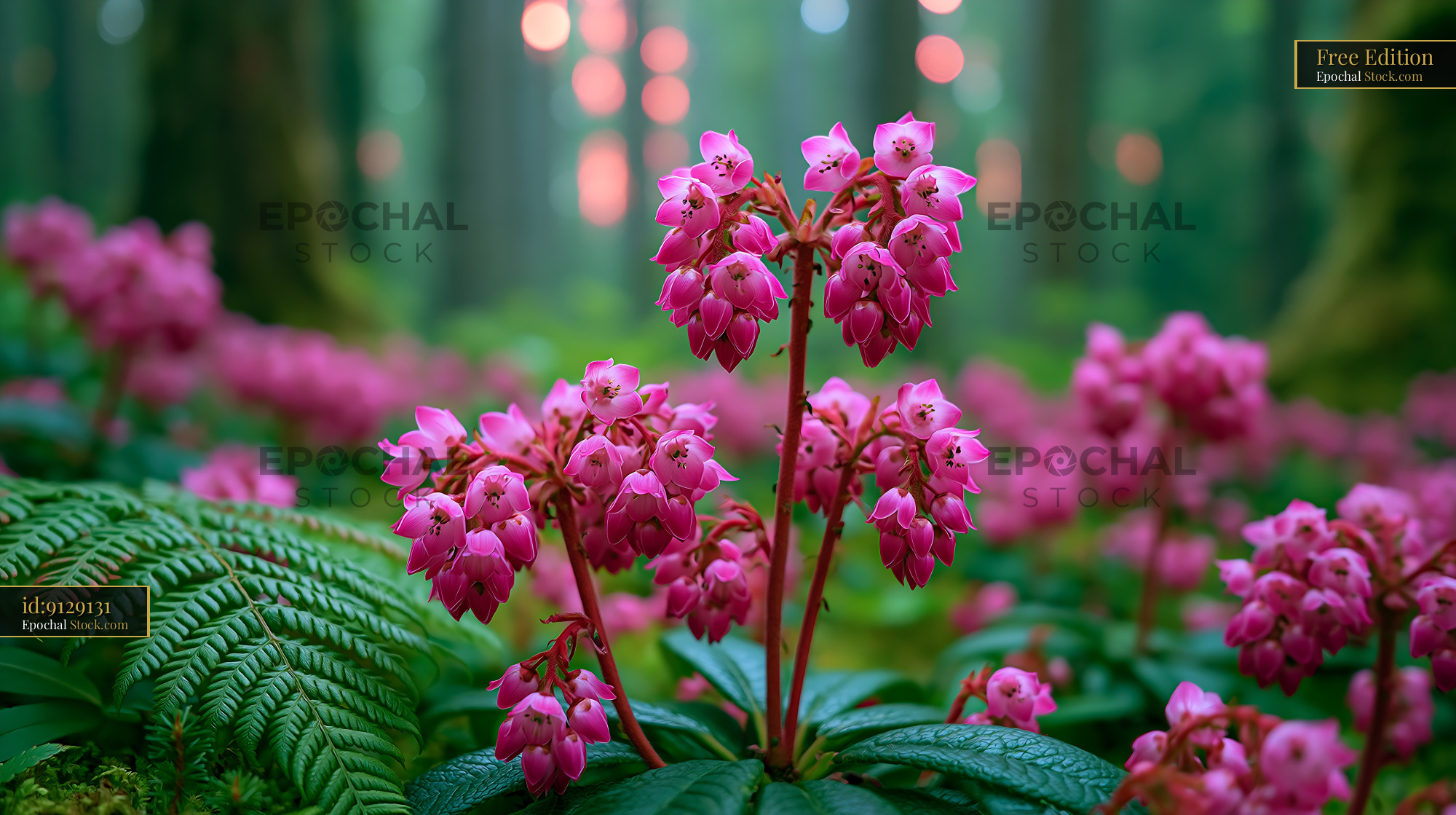 Vibrant pink faroe cottongrass blooming in an enchanted forest - stock photo