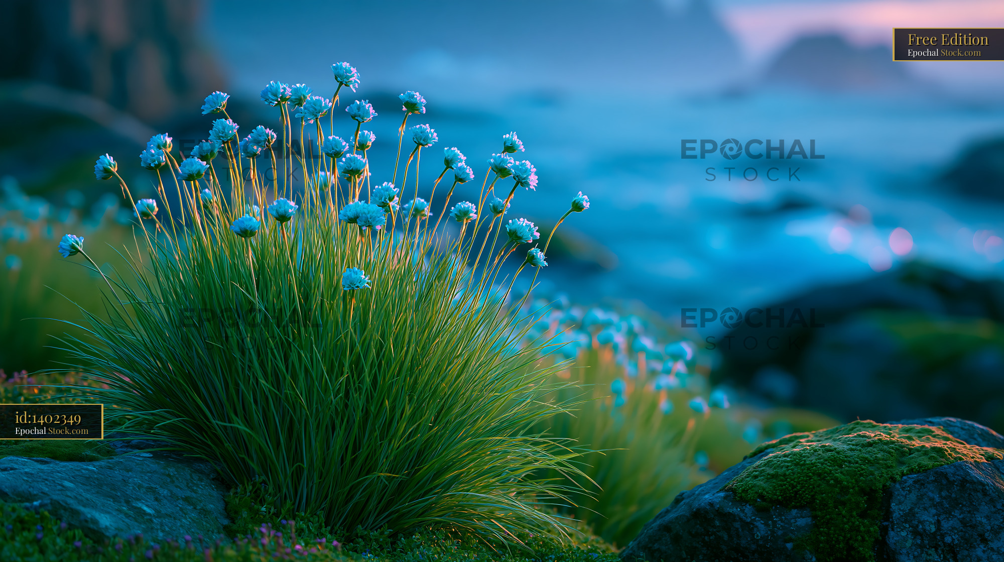 Greenland dryas flowers blooming on a rocky coast during blue hour - stock photo
