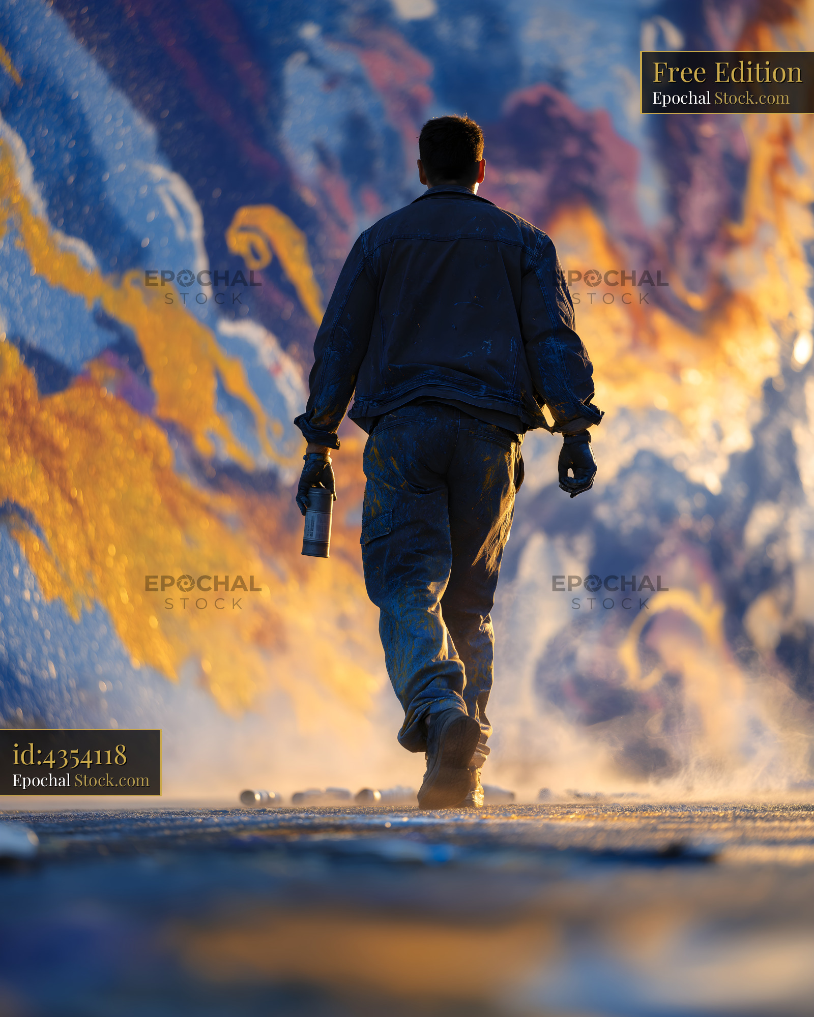 Walking towards a colorful mural at sunset in the city Free Premium Stock Photo