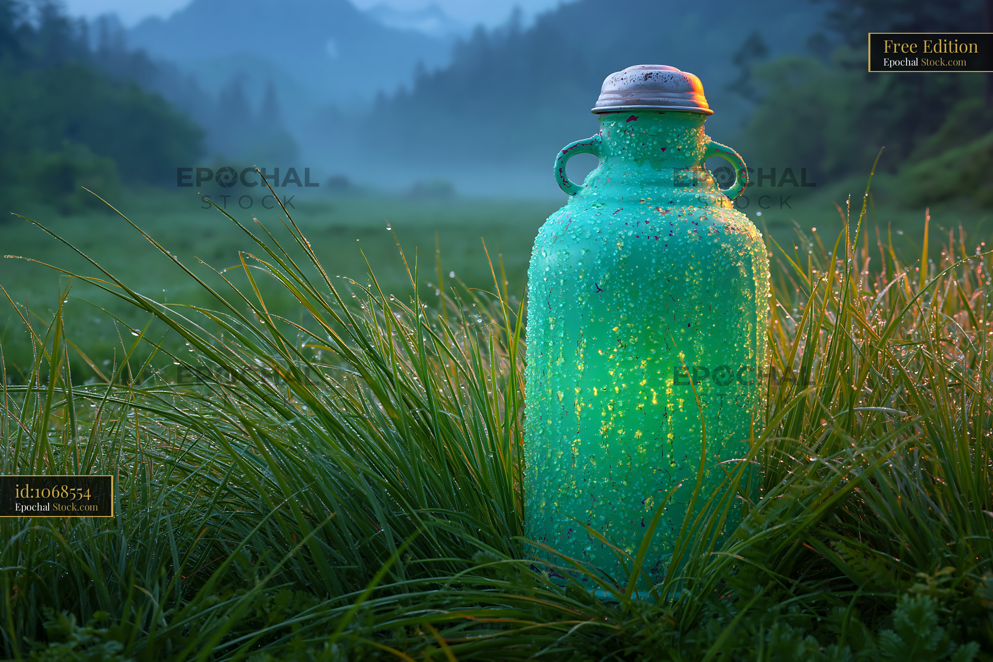 Vintage turquoise milk can in a dew-covered mountain meadow at dawn