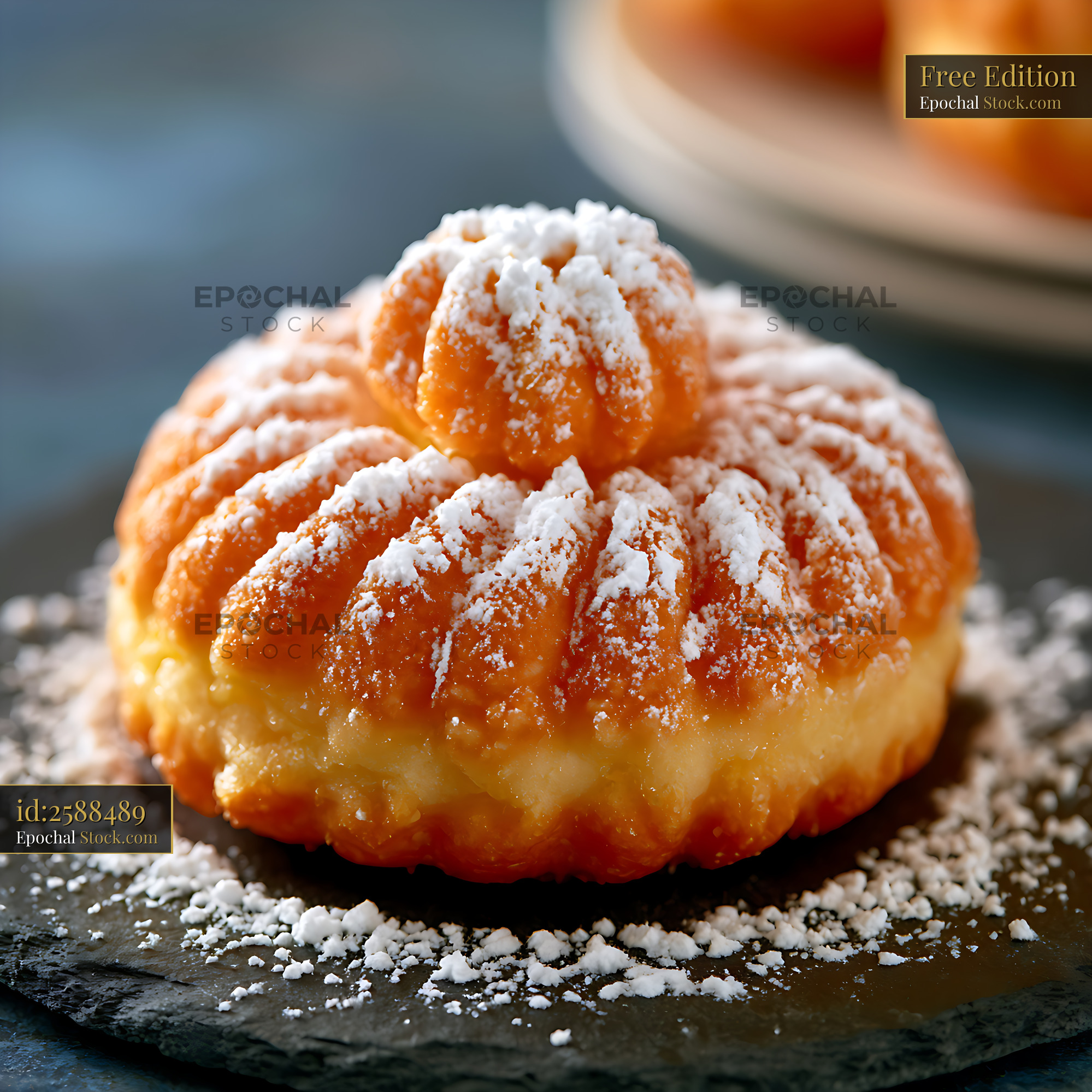 Zeppole napoletane fried pastry with powdered sugar on slate plate - stock photo