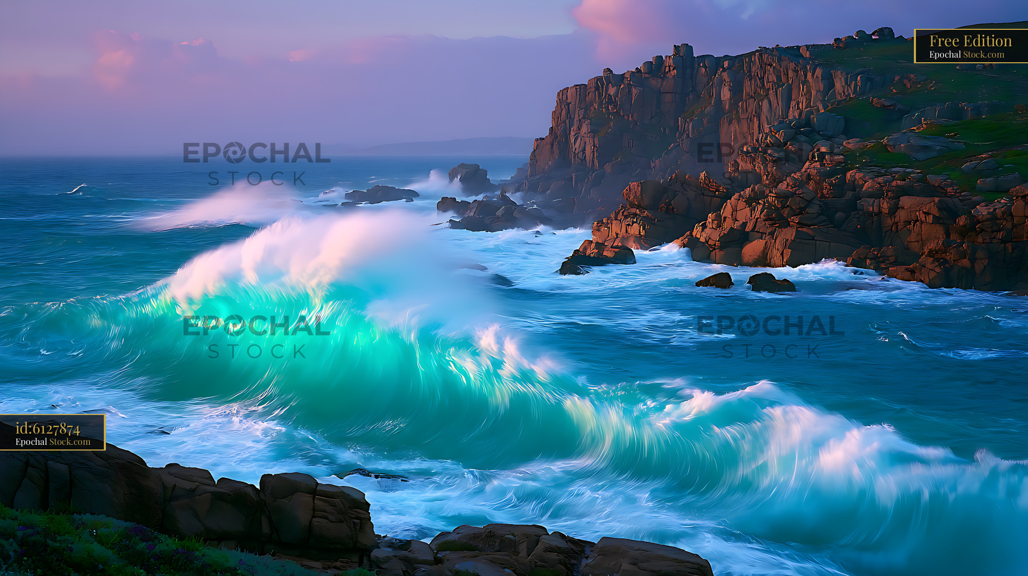 Powerful crashing wave with turquoise water shallow gradient at sunset - stock photo