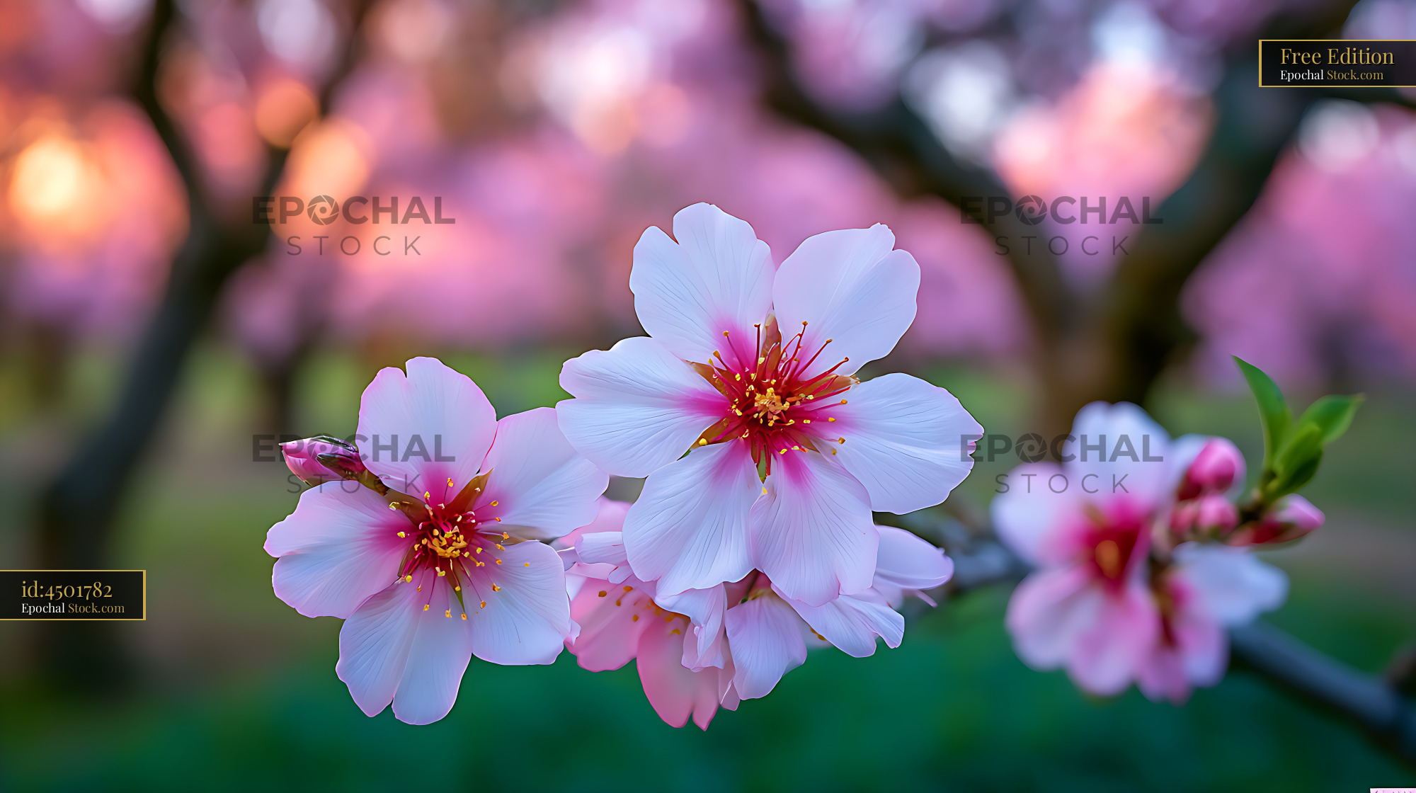 Close up of pink almond blossoms in a Spanish orchard at sunset - stock photo