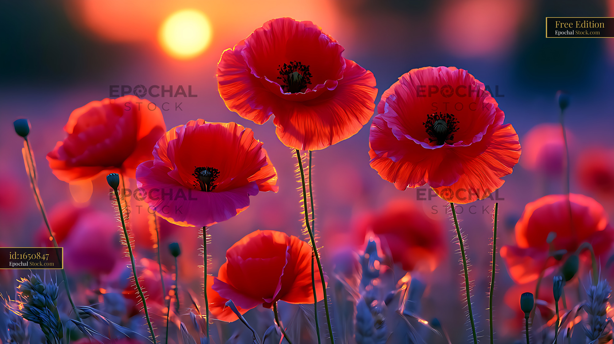 Red anatolian poppies in an oat field at sunset during golden hour - stock photo