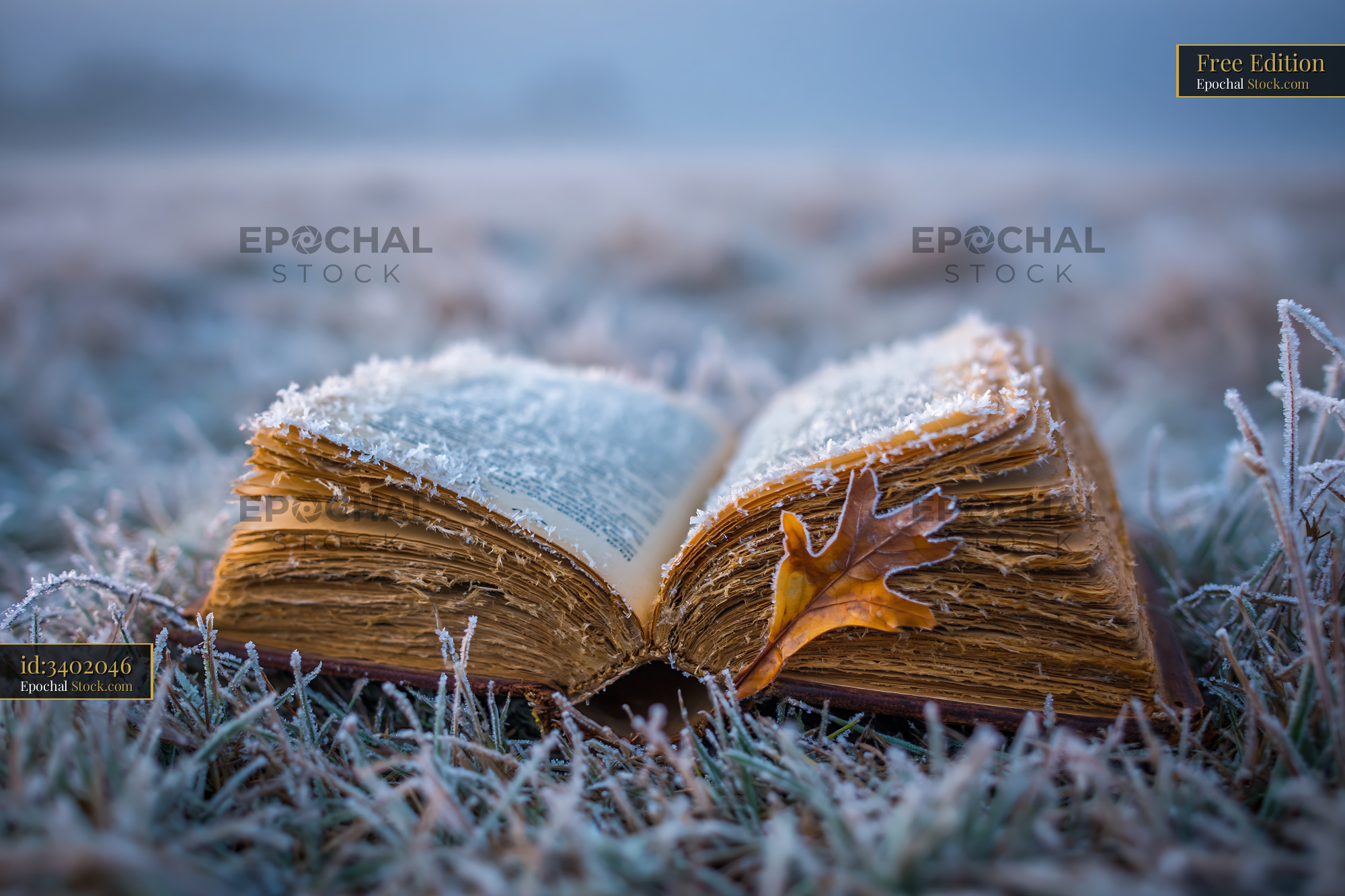 Open book on grass covered in hoarfrost with a single leaf - stock photo