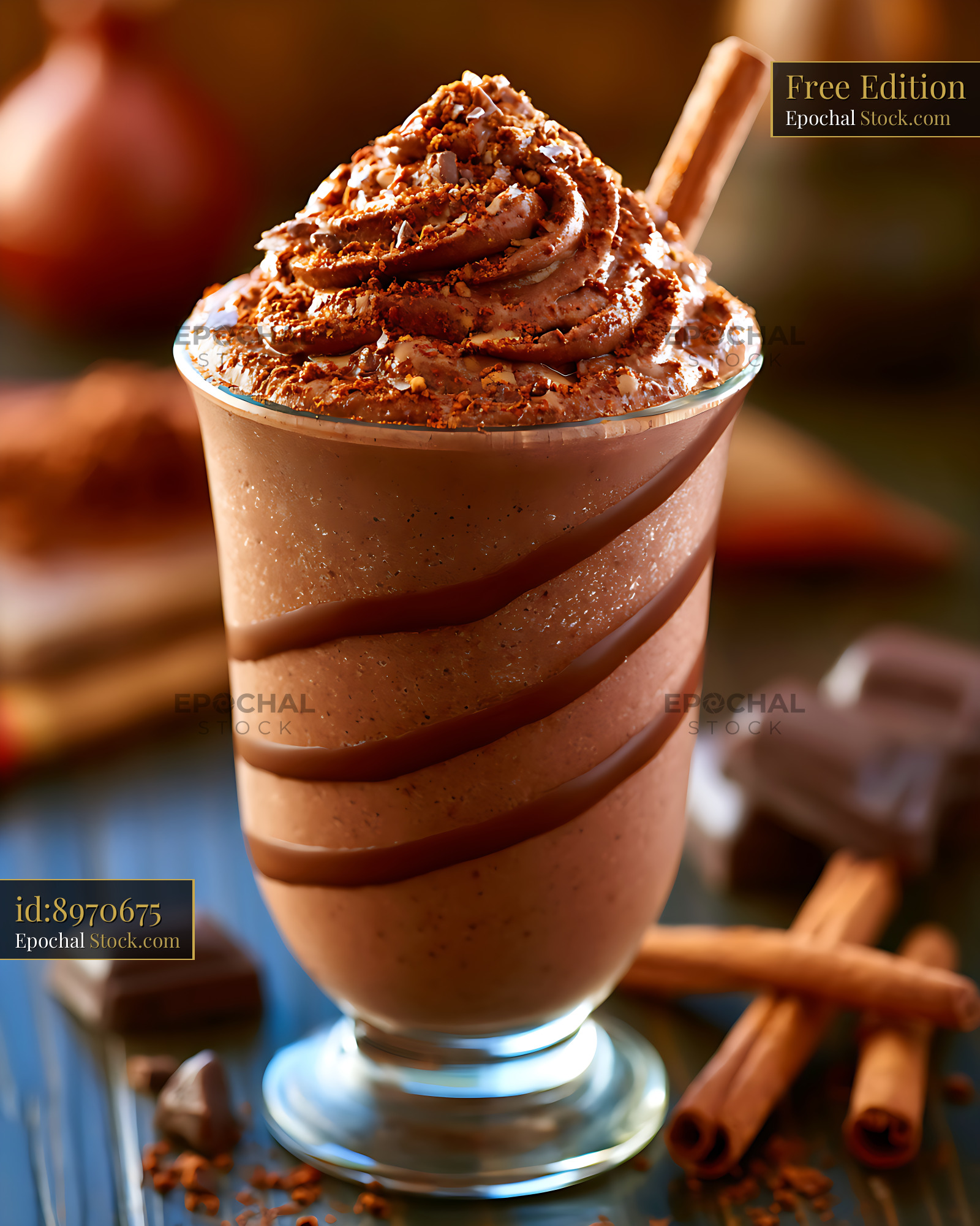 Mexican chocolate smoothie with whipped cream and cinnamon sticks - stock photo