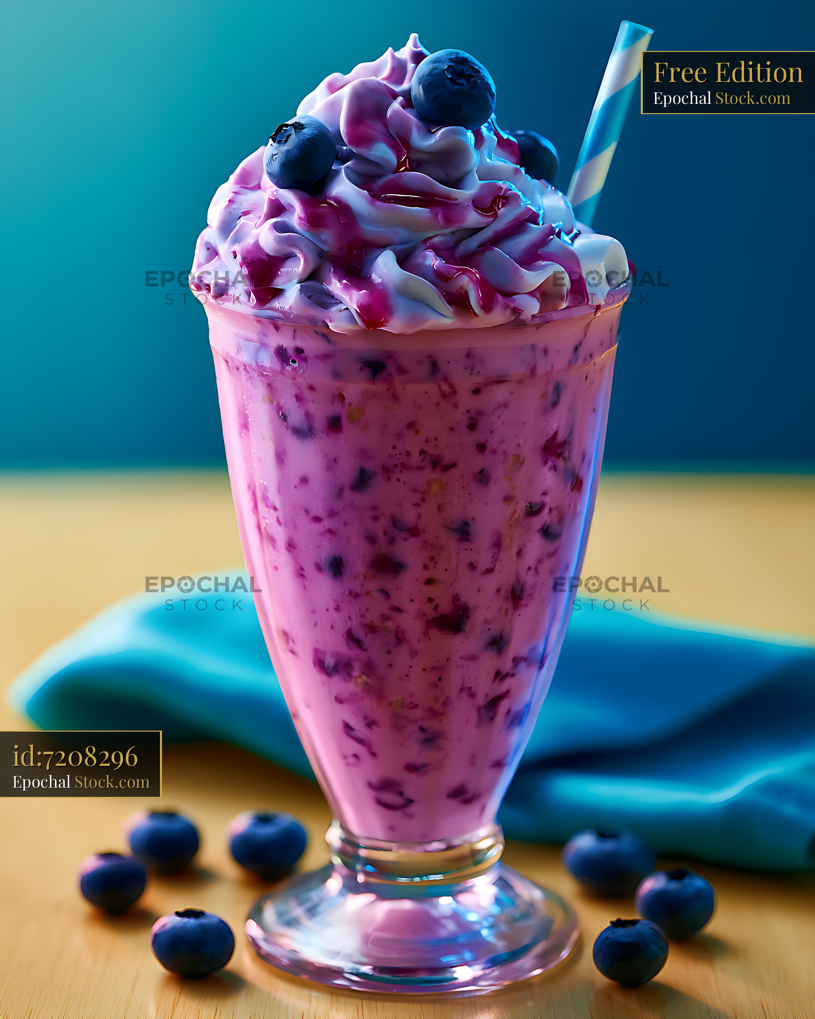 Creamy blueberry pancake milkshake with whipped cream and fresh berrie - stock photo